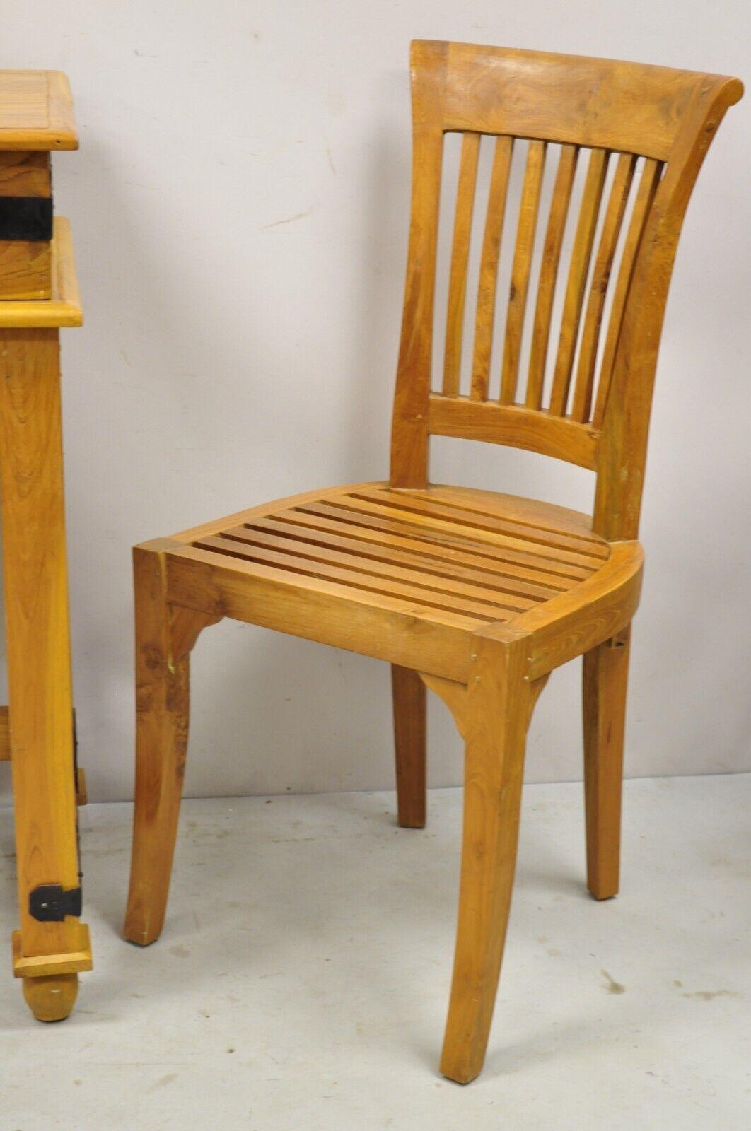 Campaign Style Teak Wood Fliptop Writing Desk with Side Chair, 2pc Set For Sale 3