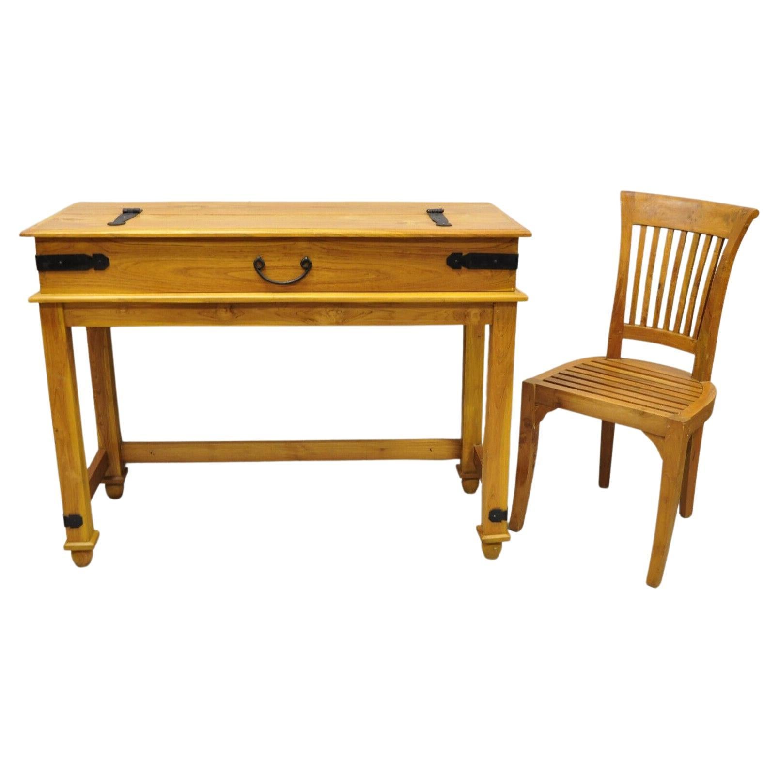 Campaign Style Teak Wood Fliptop Writing Desk with Side Chair, 2pc Set For Sale