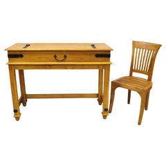 Retro Campaign Style Teak Wood Fliptop Writing Desk with Side Chair, 2pc Set