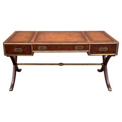 Campaign Style Tooled Leather, Brass And Burl Mahogany Writing Desk