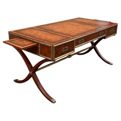 Campaign Style Tooled Leather, Brass And Burl Mahogany Writing Desk