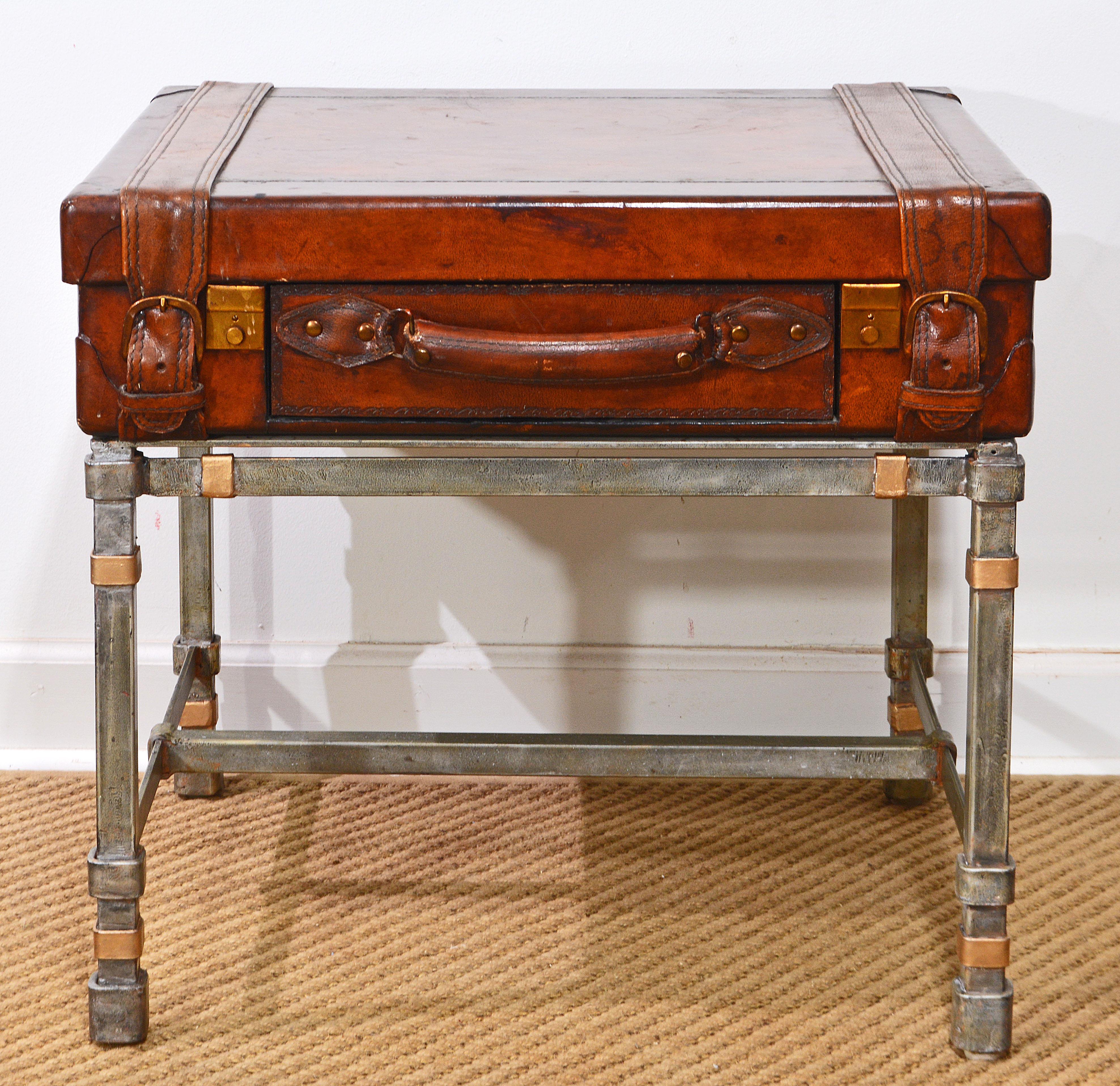 British Colonial Campaign Style Vintage Leather Luggage Table on Hand Forged Stand