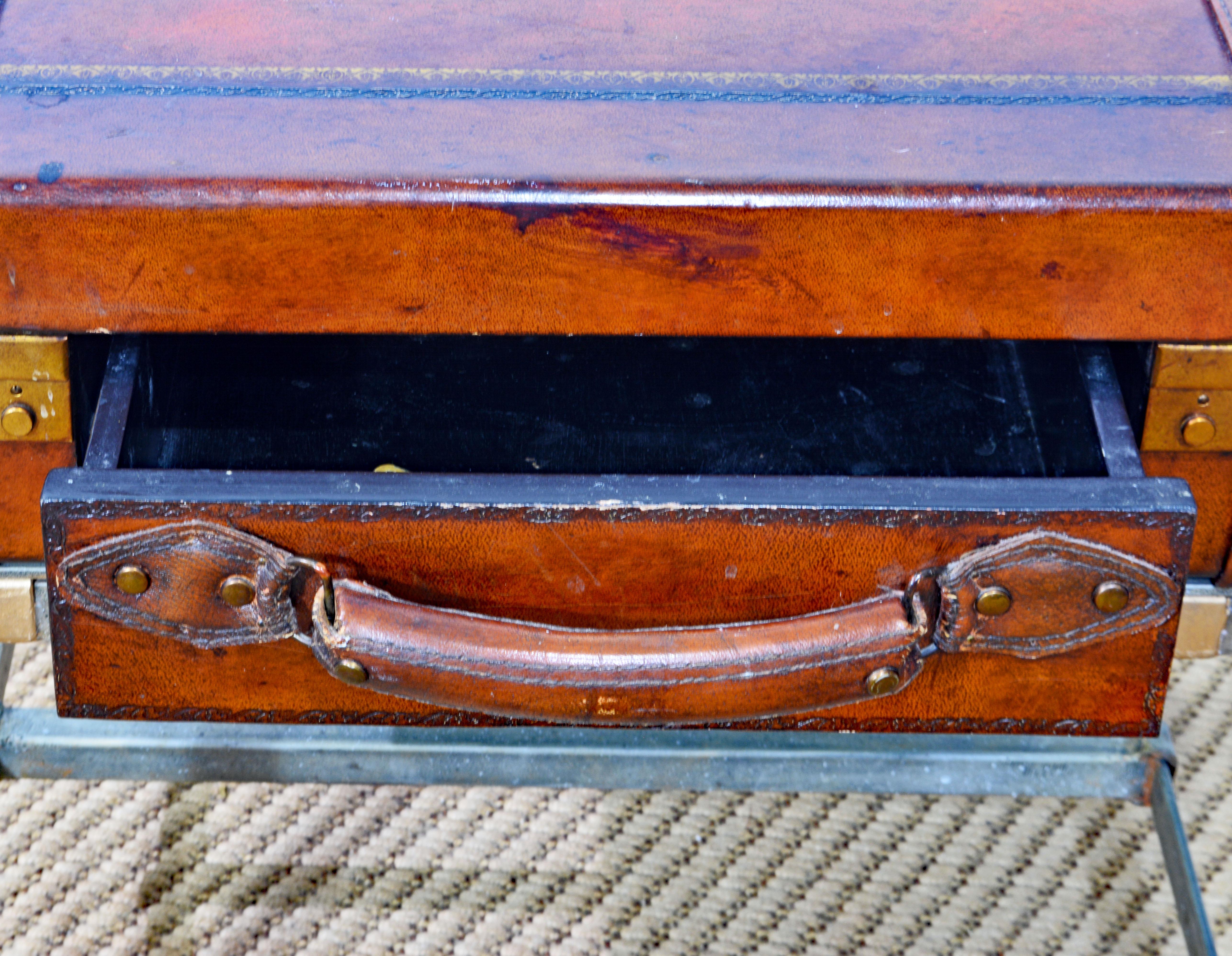 English Campaign Style Vintage Leather Luggage Table on Hand Forged Stand