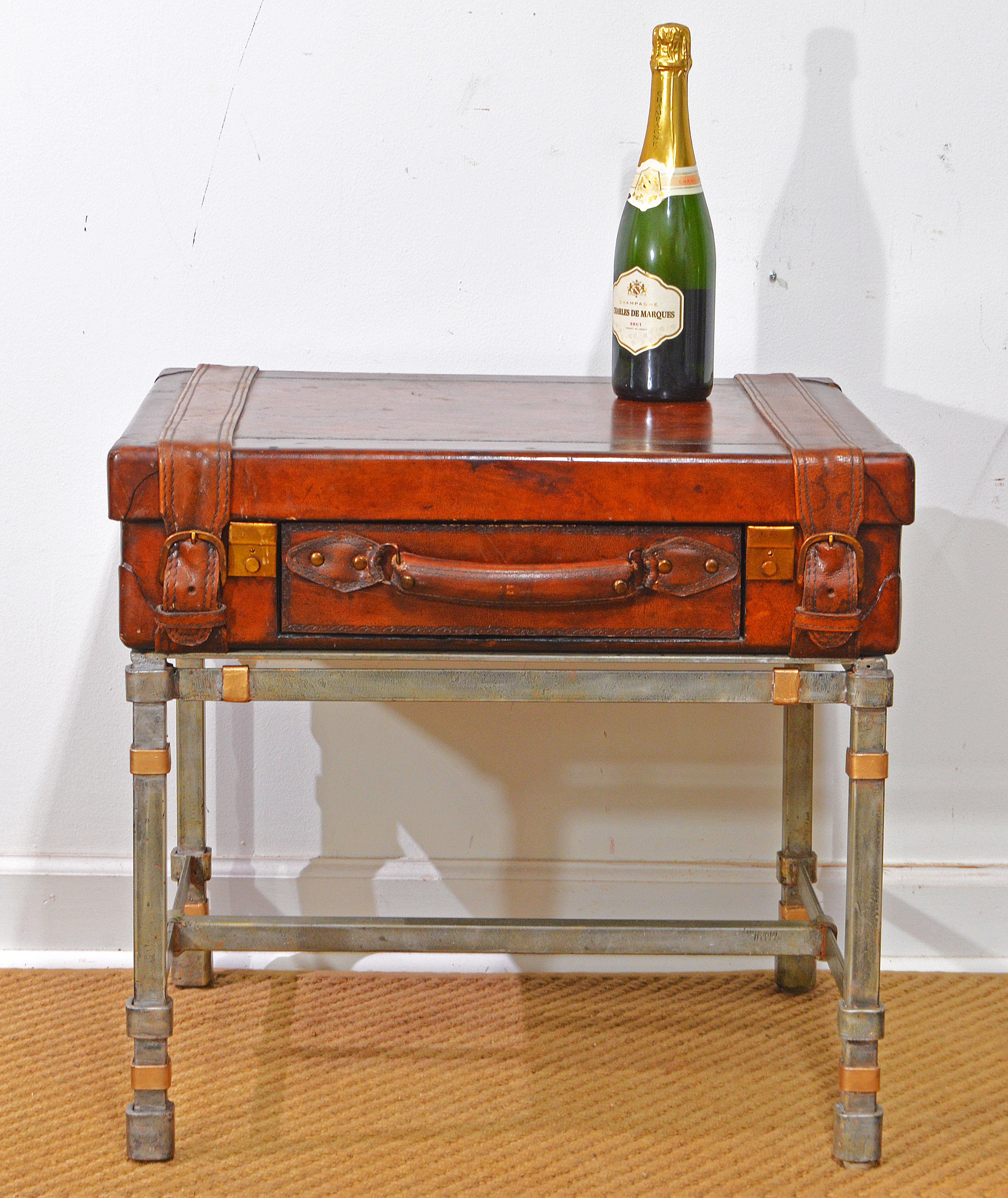 Campaign Style Vintage Leather Luggage Table on Hand Forged Stand In Good Condition In Ft. Lauderdale, FL