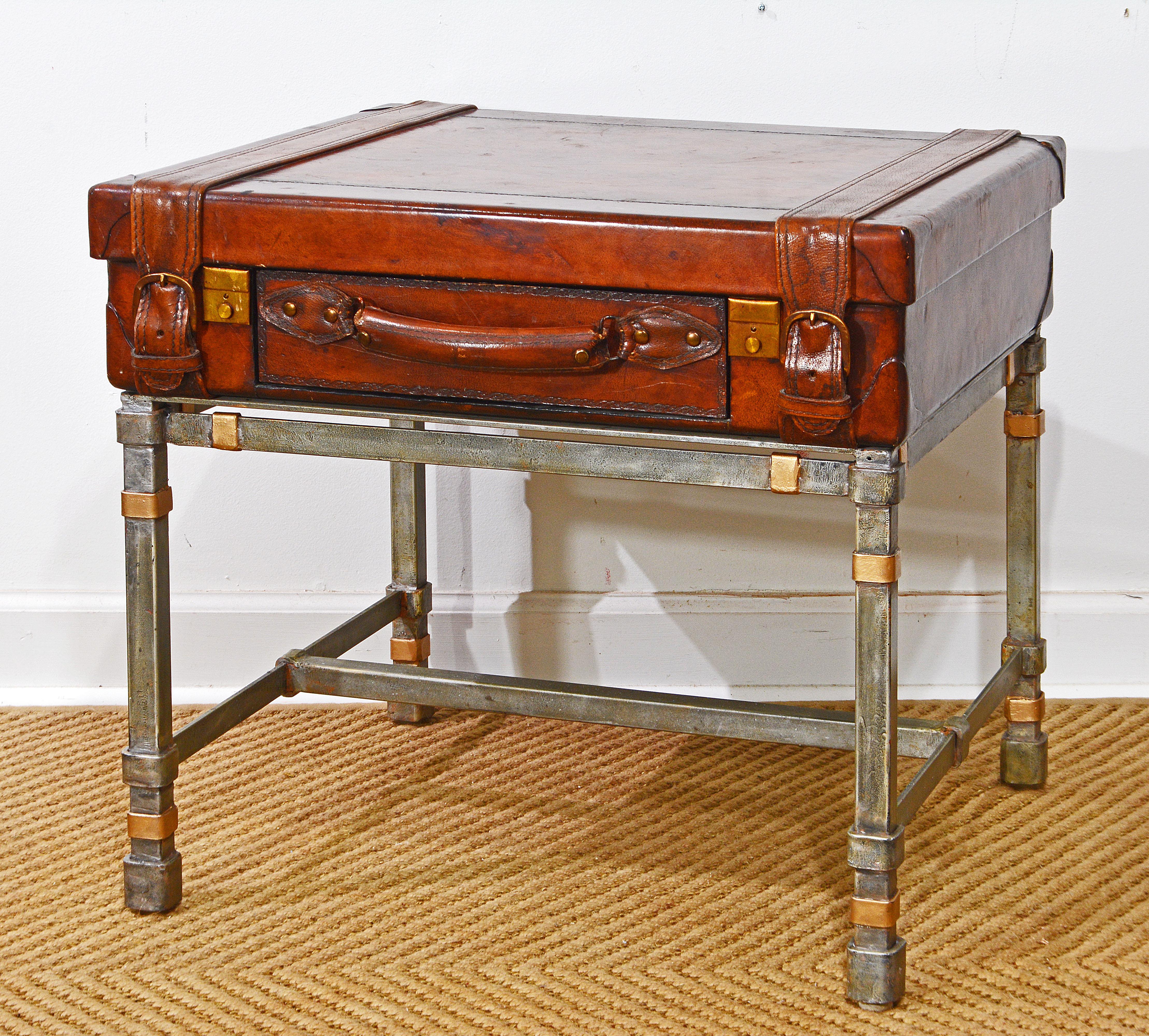 Metal Campaign Style Vintage Leather Luggage Table on Hand Forged Stand