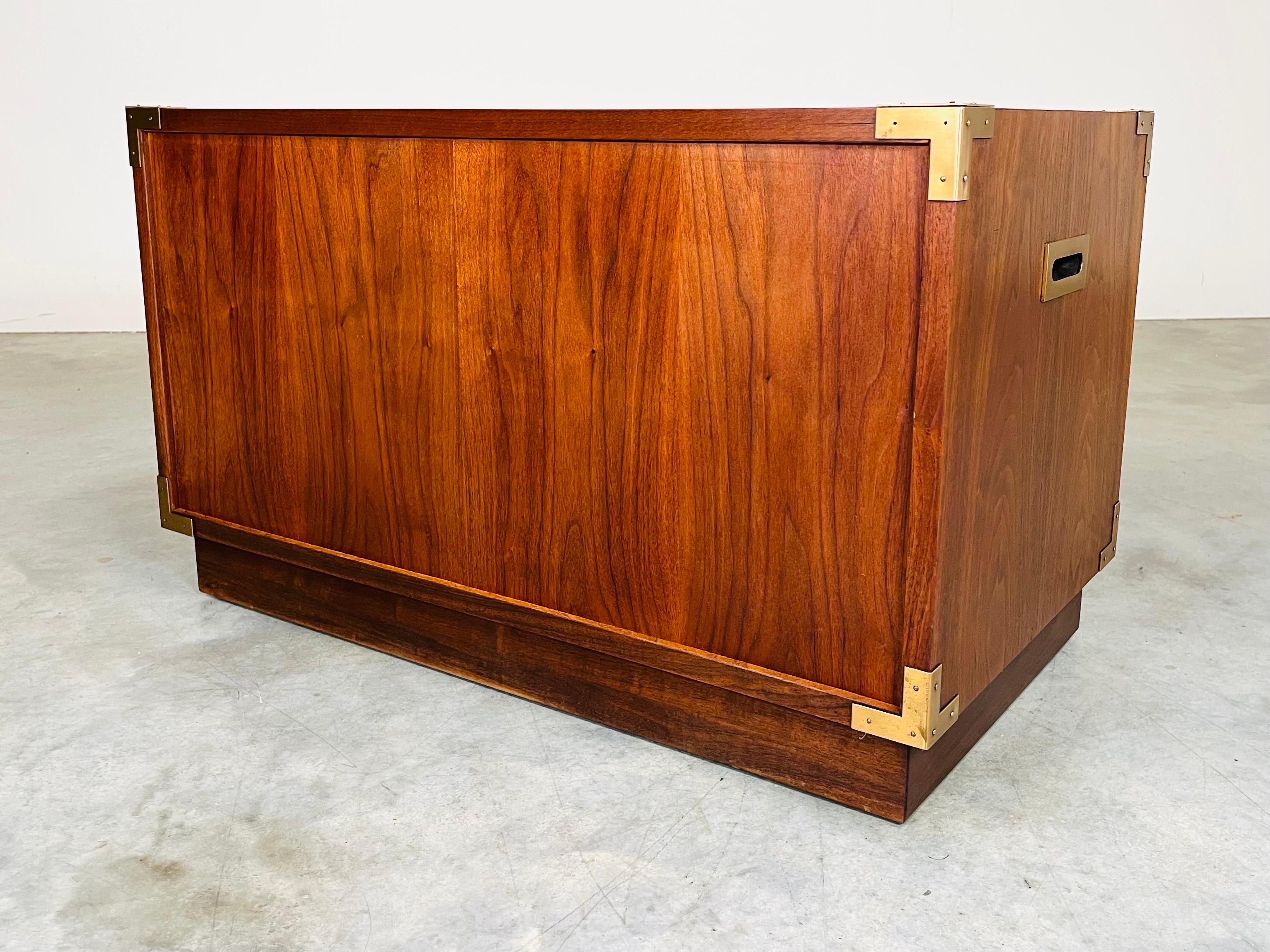 Brass Campaign Style Walnut 2-Drawer Chest of Drawers In The Manner Of Henredon For Sale