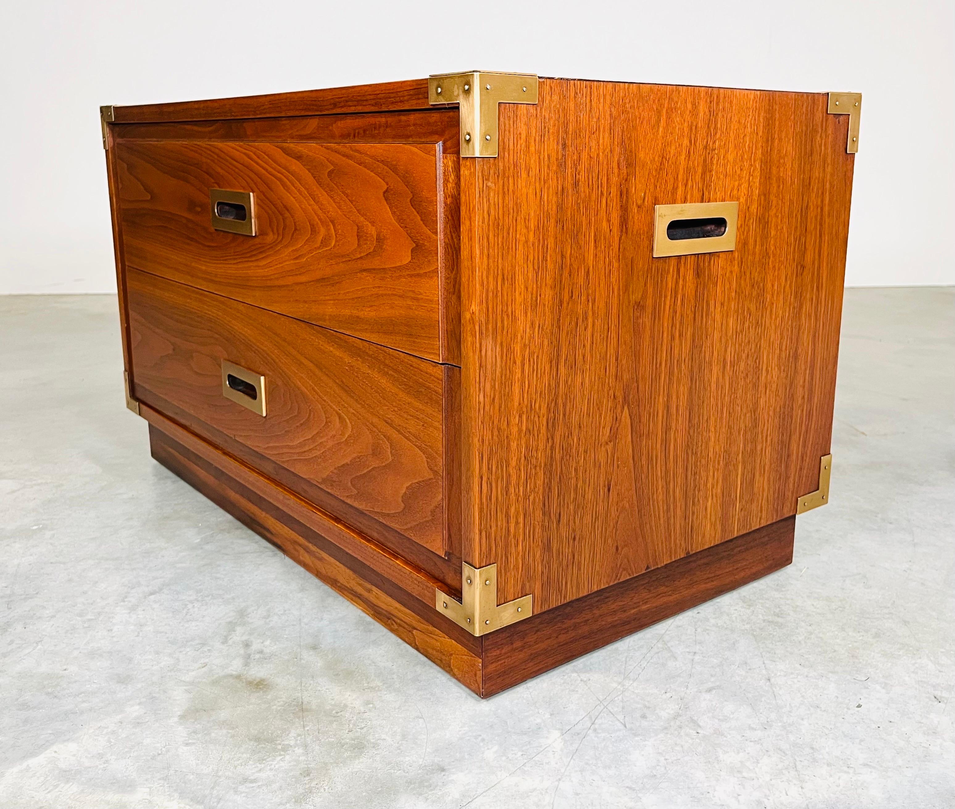 Campaign Style Walnut 2-Drawer Chest of Drawers In The Manner Of Henredon For Sale 1