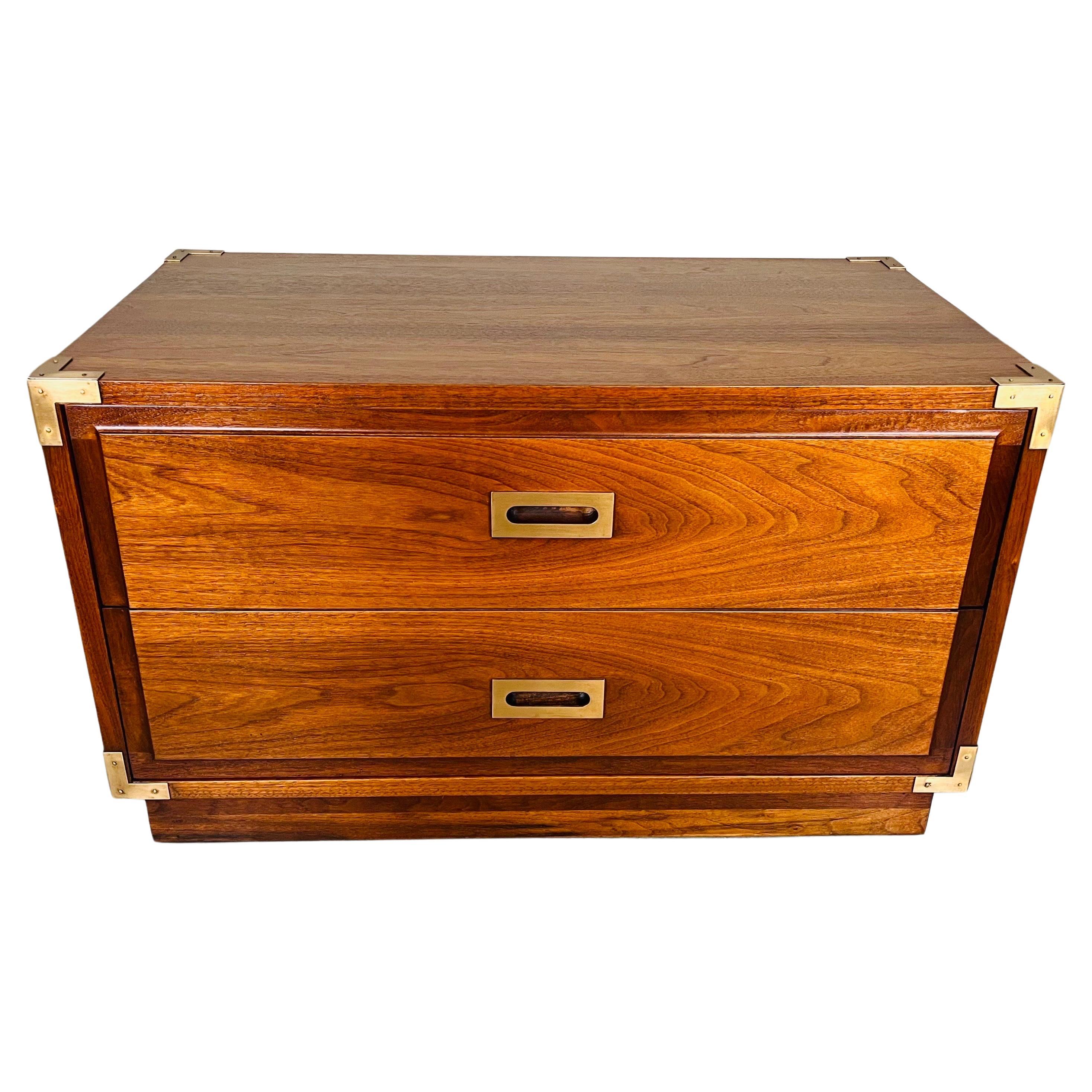 Campaign Style Walnut 2-Drawer Chest of Drawers In The Manner Of Henredon For Sale