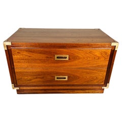 Campaign Style Walnut 2-Drawer Chest of Drawers In The Manner Of Henredon