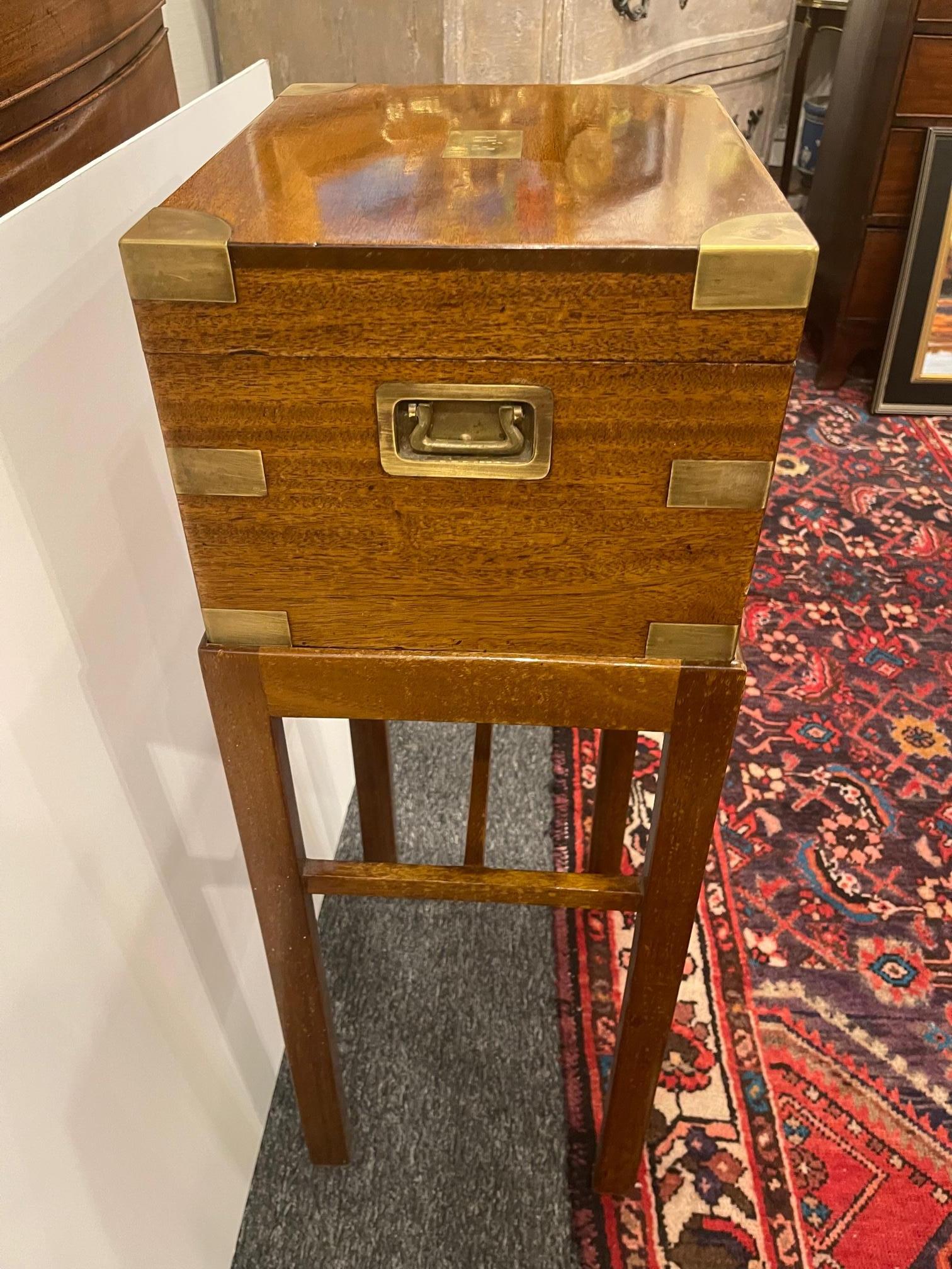 Campaign Style Walnut & Brass Mounted Humidor on Later Stand, 19th Century.

Custom made stand with felt top.