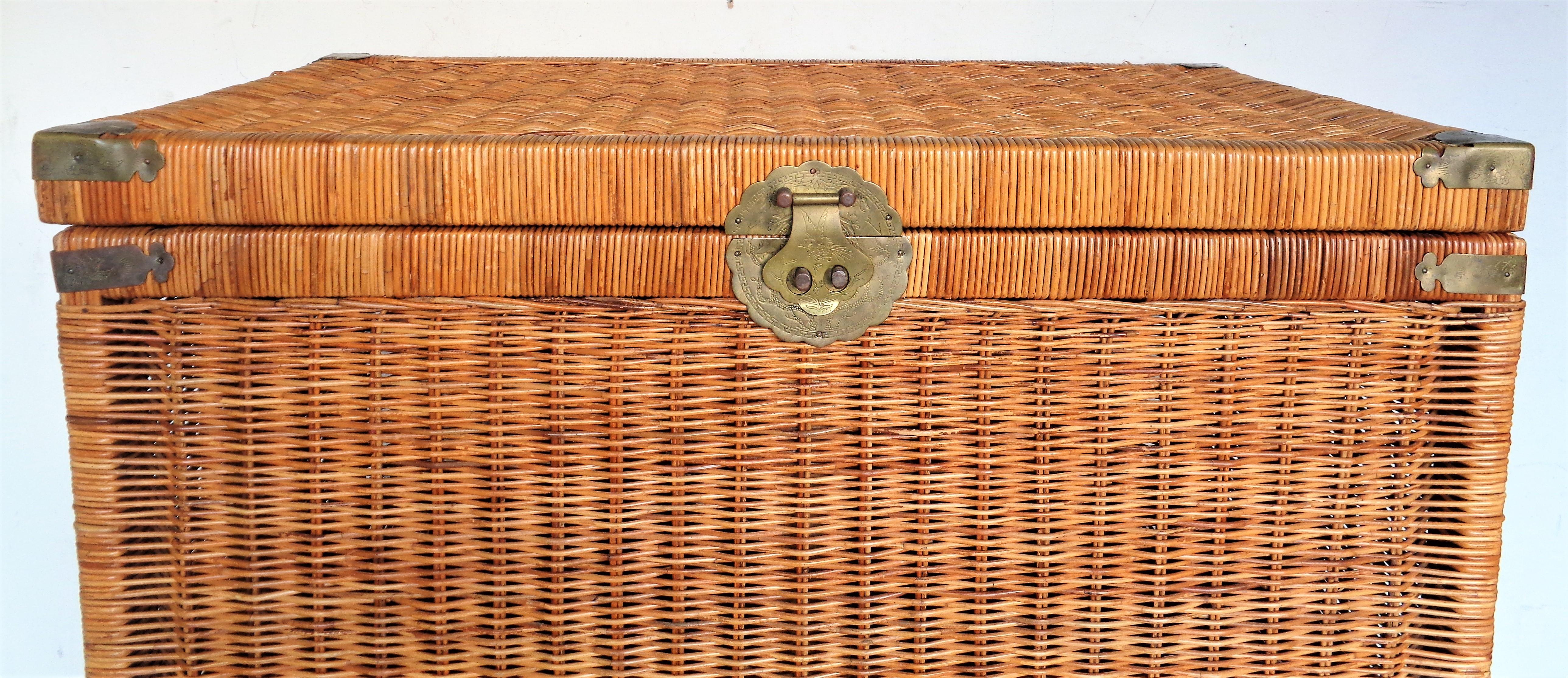 vintage wicker trunk with brass hardware