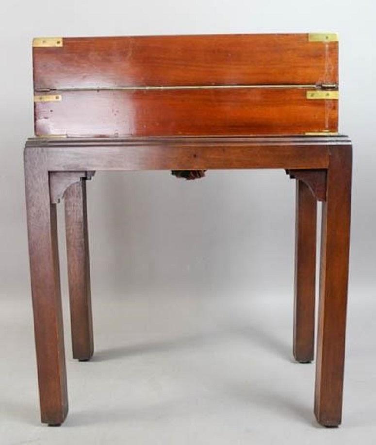 English Campaign Wood Travelling Lap Desk on a Later Stand, 19th Century