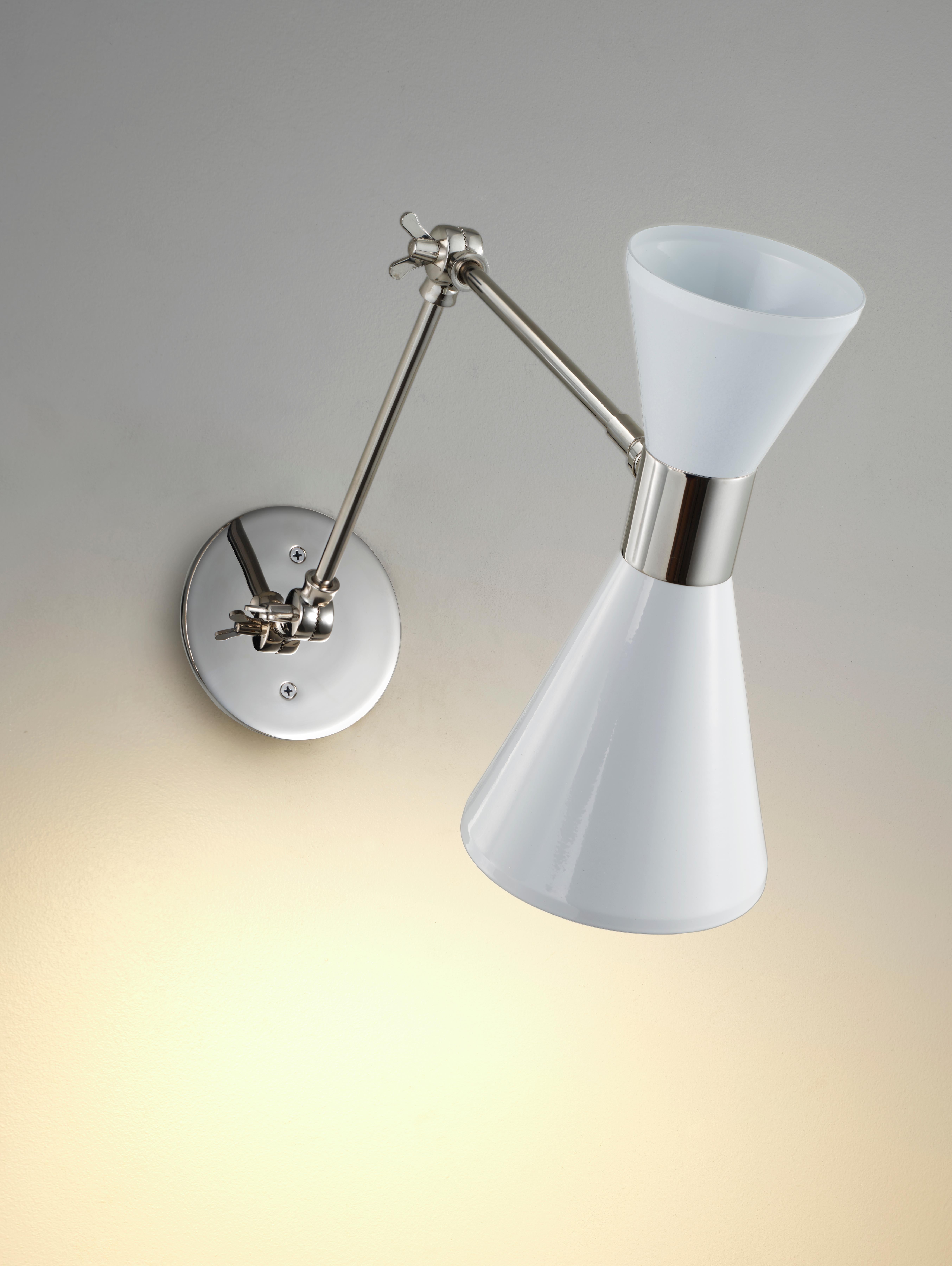 Powder-Coated CAMPANA Articulating Wall Lamp in White and Polished Nickel, Blueprint Lighting For Sale