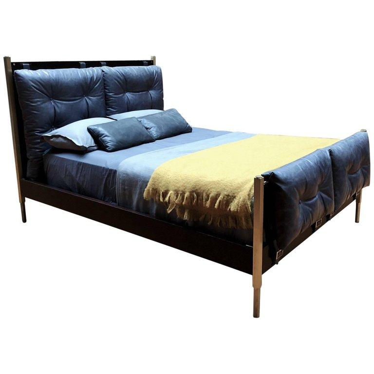 Campanha Bed Frame, Tufted Leather Head and Footboard, Brass Legs, Wooden Frame For Sale