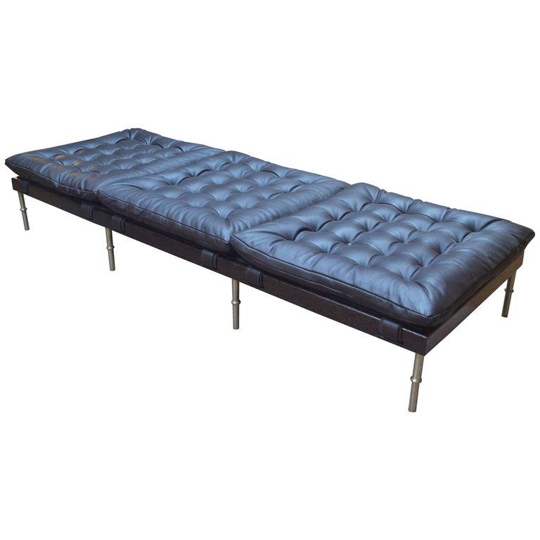 Campanha Day Bed, Tufted Leather, Wenge and Brass Legs  For Sale