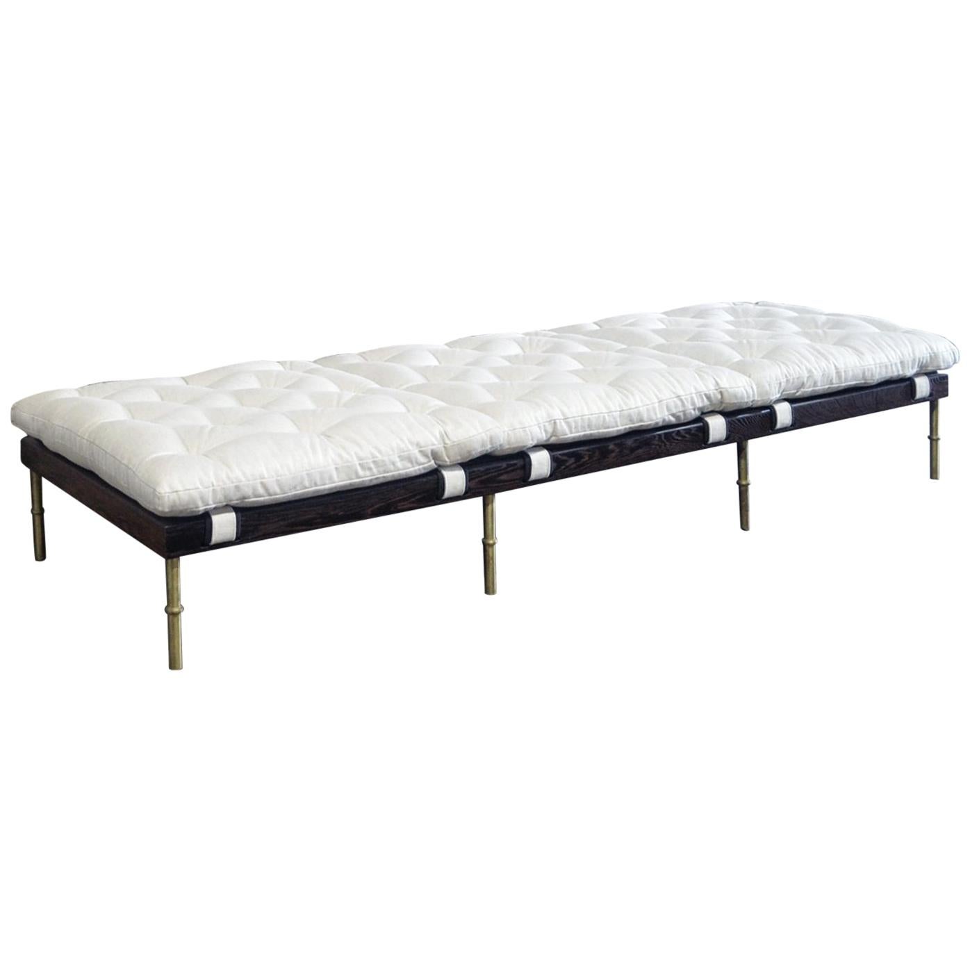 Campanha Day Bed with Tufted Linen Brass Legs Wooden Campaign Style Chaise White For Sale