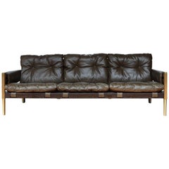 Campanha Sofa, Tufted Leather Brass Legs and Wooden Frame Campaign Style Couch