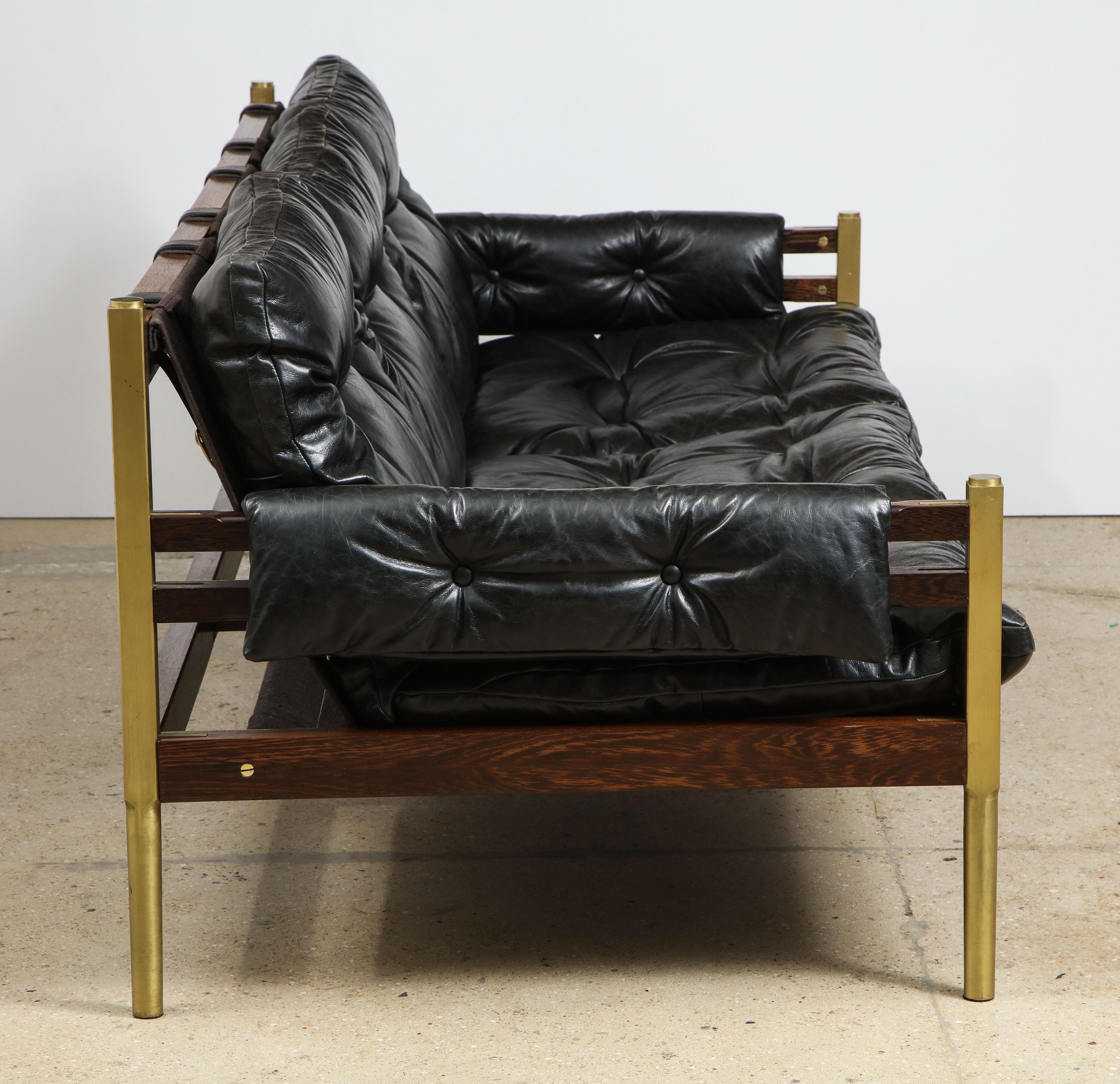 Mid-Century Modern Campanha Sofa with Tufted Leather Brass Legs & Wooden Frame Campaign Style Couch For Sale