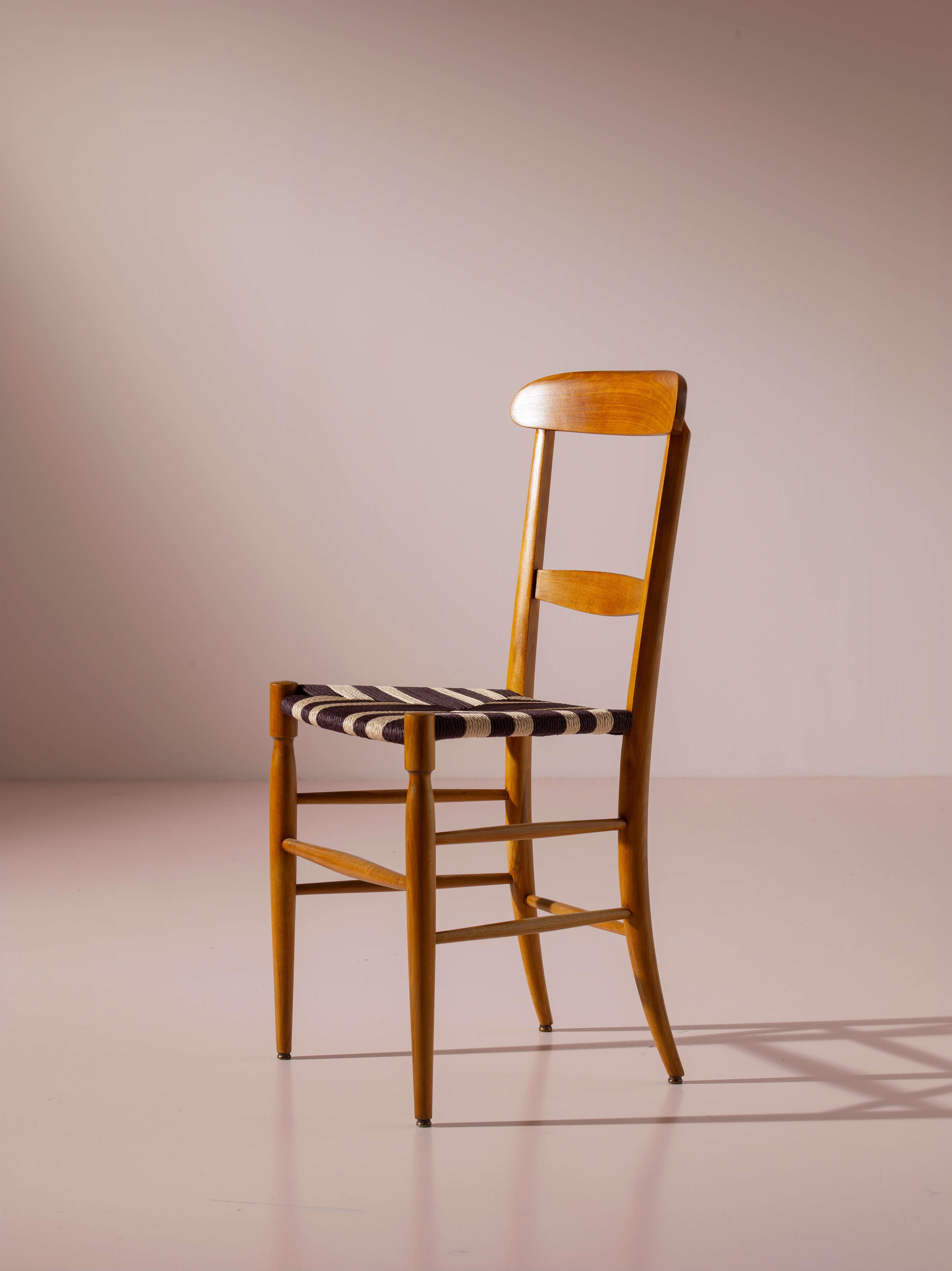 Campanino set of 8 beechwood and rope dining chairs, Chiavari, Italy, 1960s For Sale 4