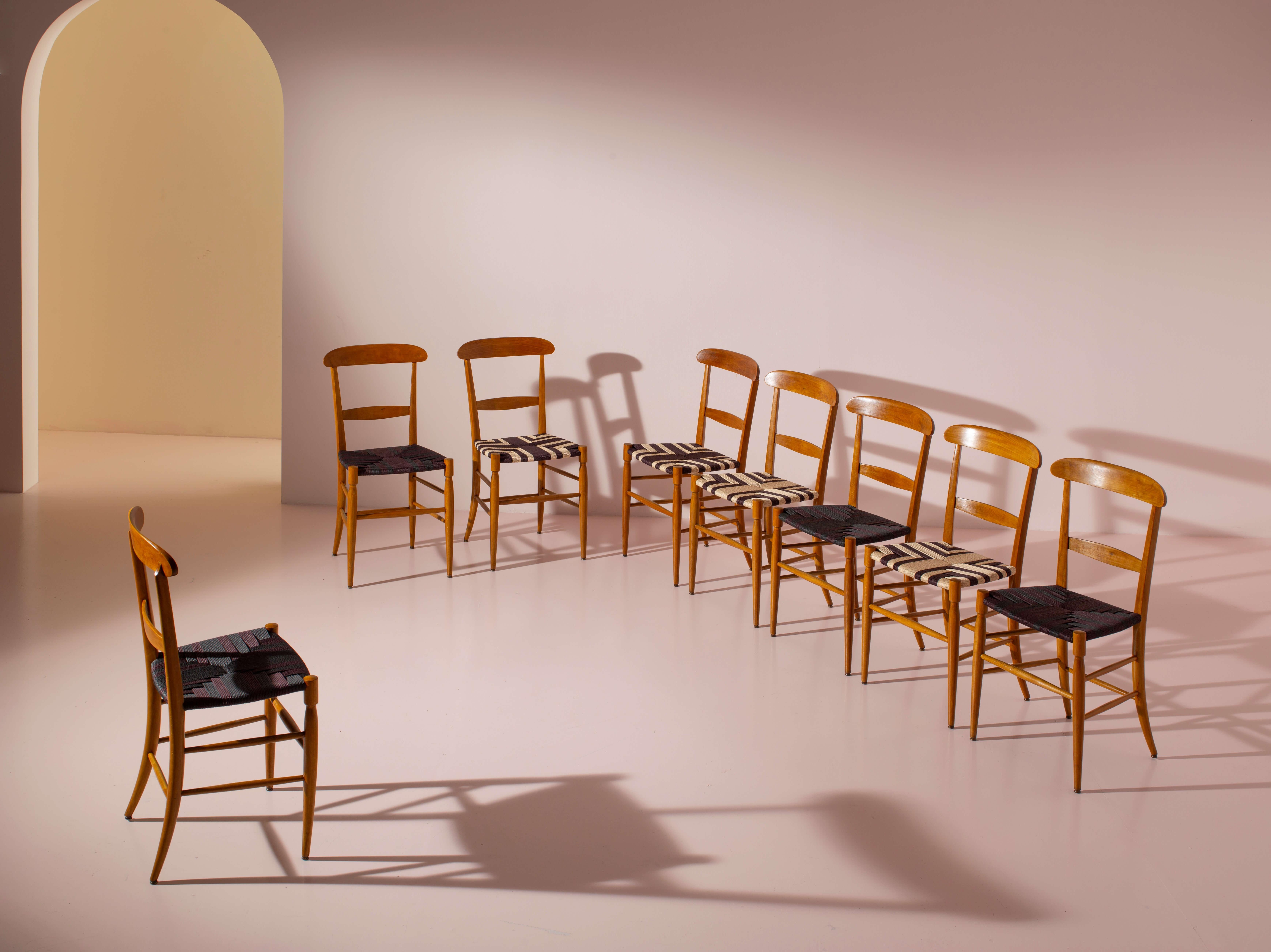 Campanino set of 8 beechwood and rope dining chairs, Chiavari, Italy, 1960s For Sale 6