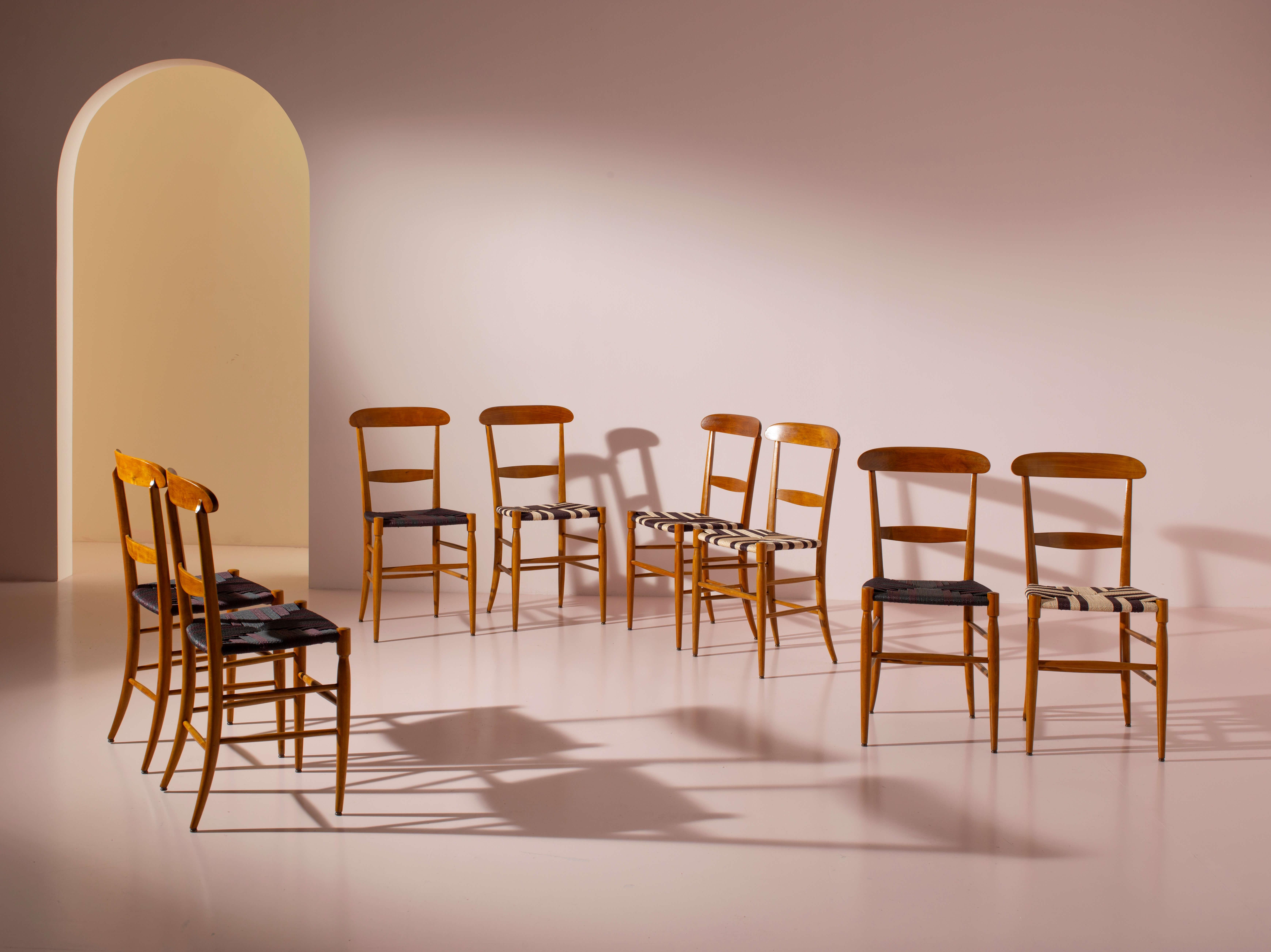 Campanino set of 8 beechwood and rope dining chairs, Chiavari, Italy, 1960s For Sale 10