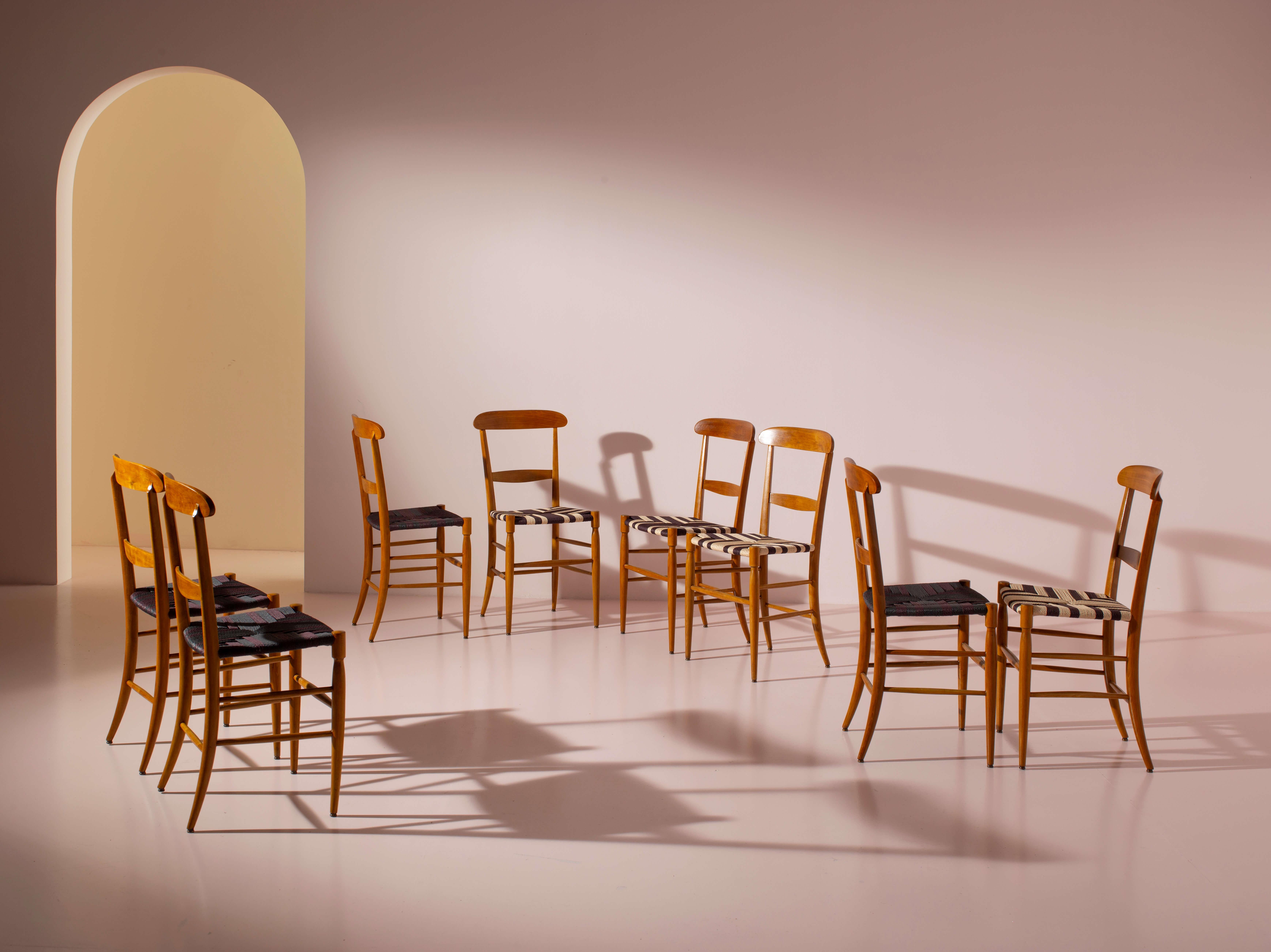 Mid-Century Modern Campanino set of 8 beechwood and rope dining chairs, Chiavari, Italy, 1960s For Sale
