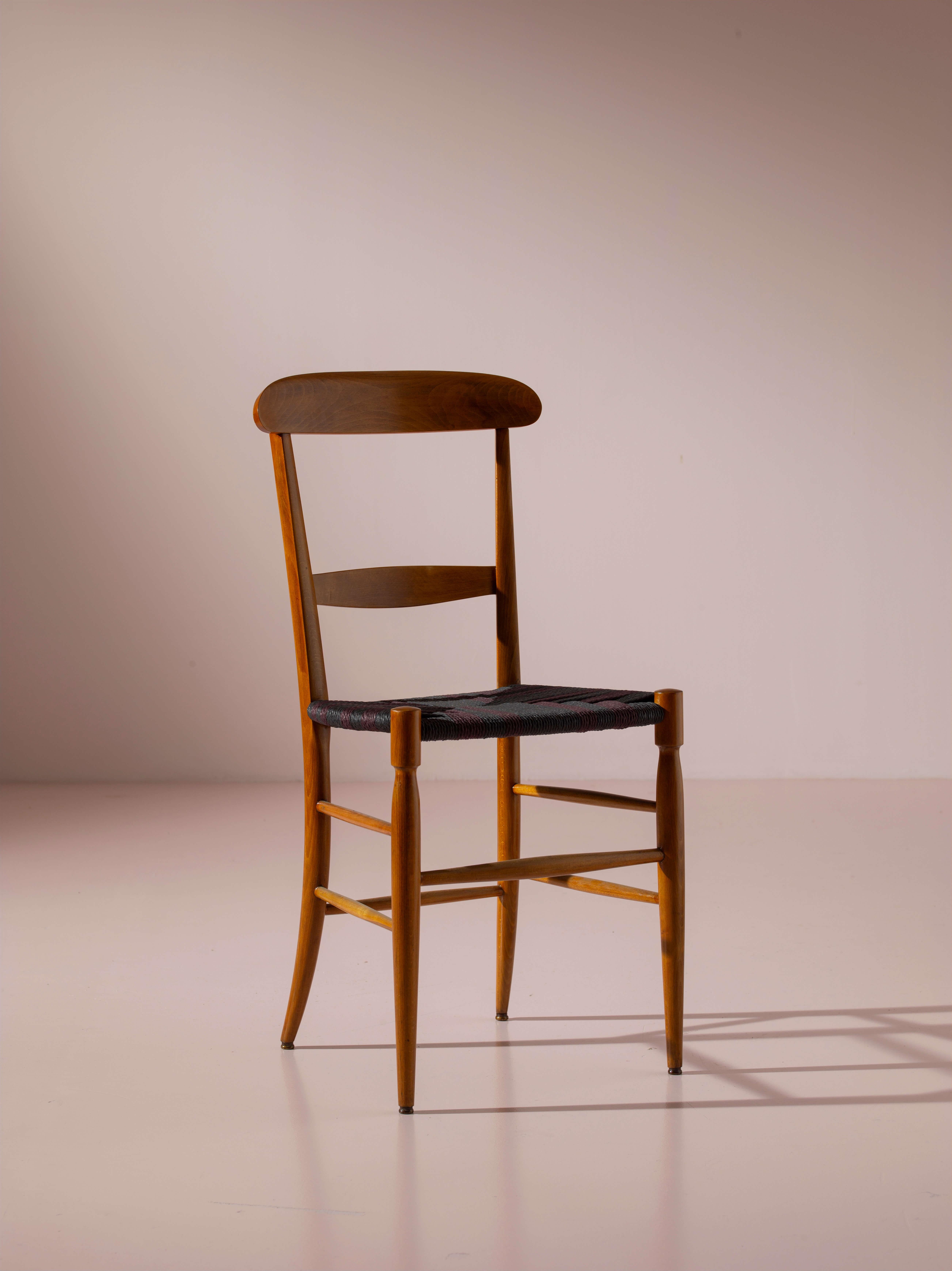 Italian Campanino set of 8 beechwood and rope dining chairs, Chiavari, Italy, 1960s For Sale
