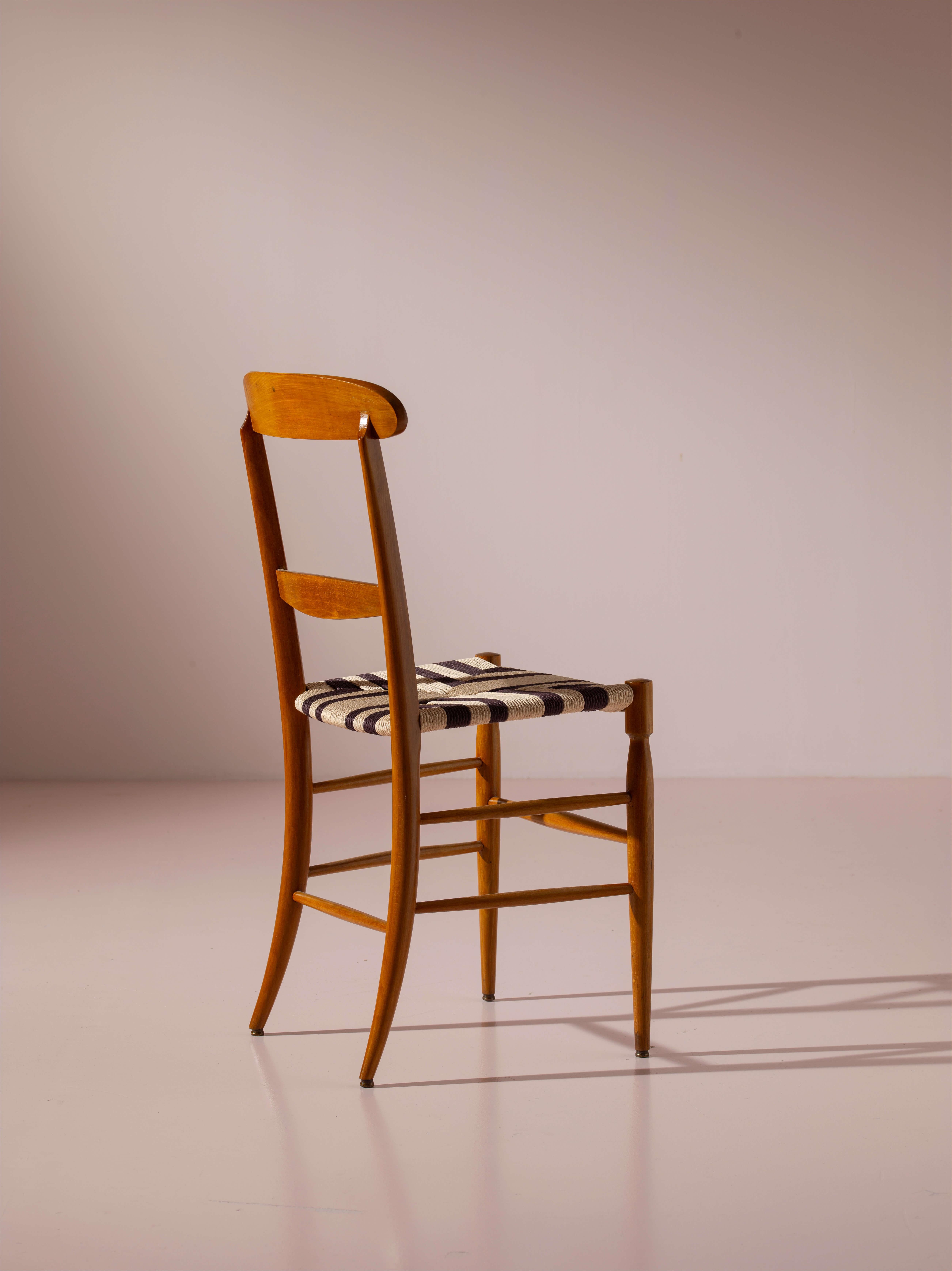 Rope Campanino set of 8 beechwood and rope dining chairs, Chiavari, Italy, 1960s For Sale