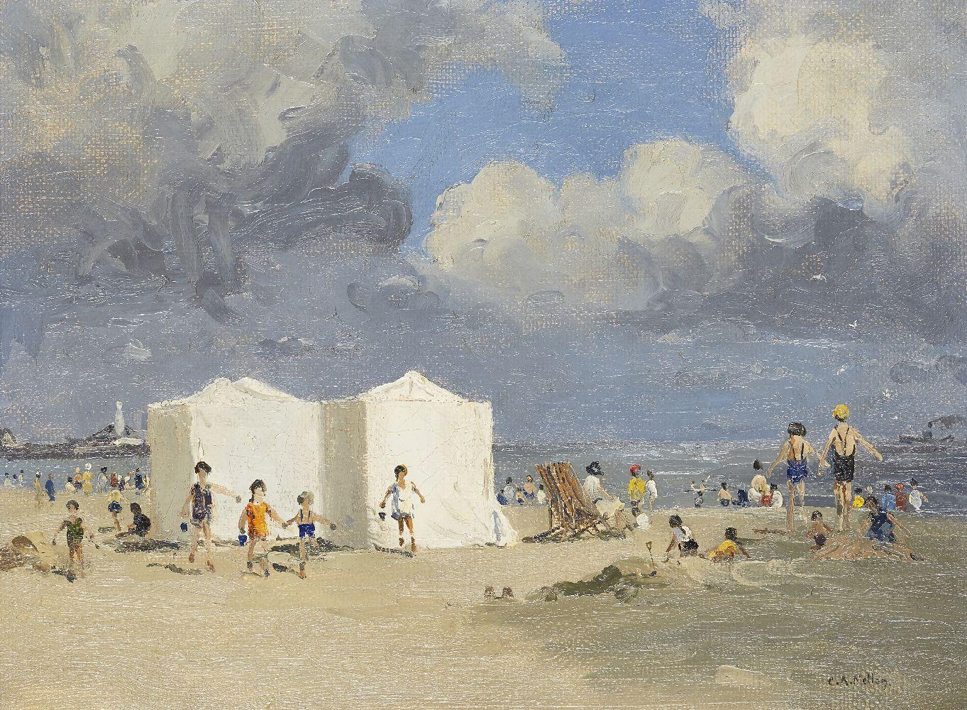 Beach Tents on Gorleston Beach - Painting by Campbell Archibald Mellon