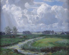 Weidehaltung von Rindern und  Segelboote, antikes Ölgemälde auf Tafel, antik