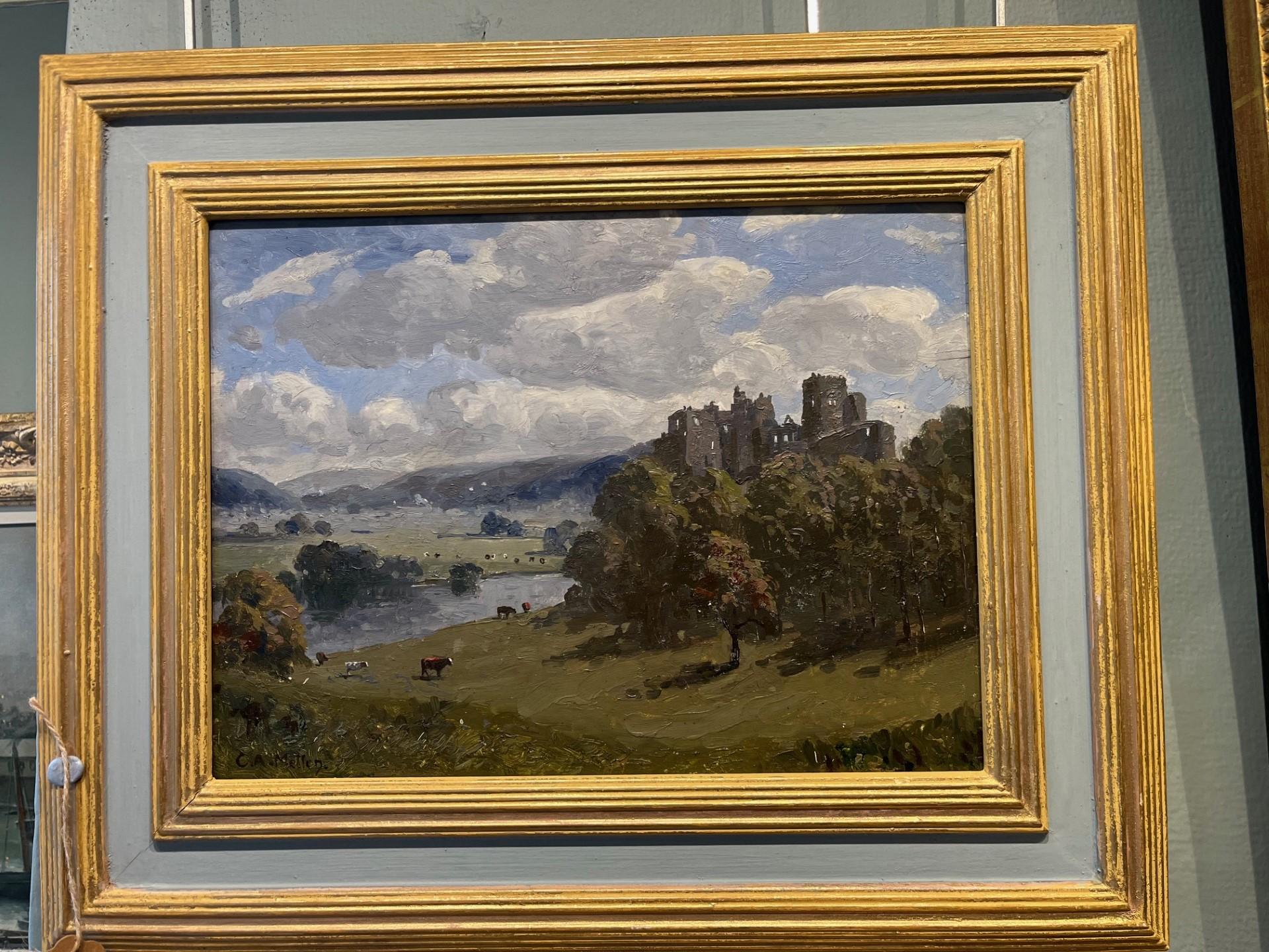 Goodrich Castle on the River Wye, Herefordshire
Oil painting on panel, with oil sketch of Symonds Yat verso.  Housed in handmade gold and coloured Whistler style frame.

Beautiful mid 20th century landscape of the River Wye with the ruins of