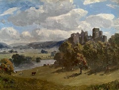 Goodrich Castle auf dem Fluss Wye, England, mit Rindern beim Wasser, Ölgemälde 
