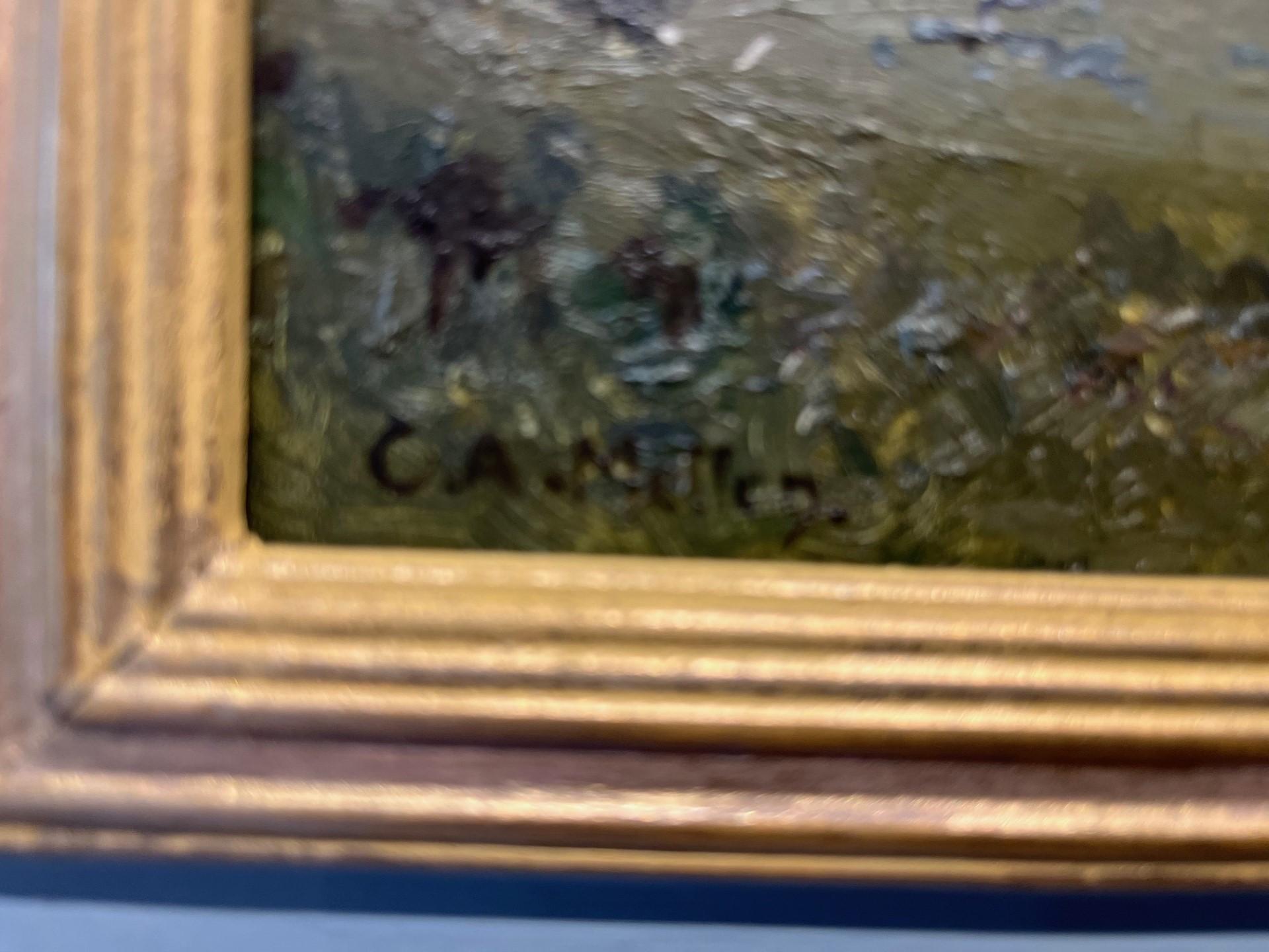 Paesaggio ad olio del XX secolo Rovine del castello di Goodrich sul fiume Wye, Inghilterra - Landscape Painting Grigio di Campbell Archibald Mellon