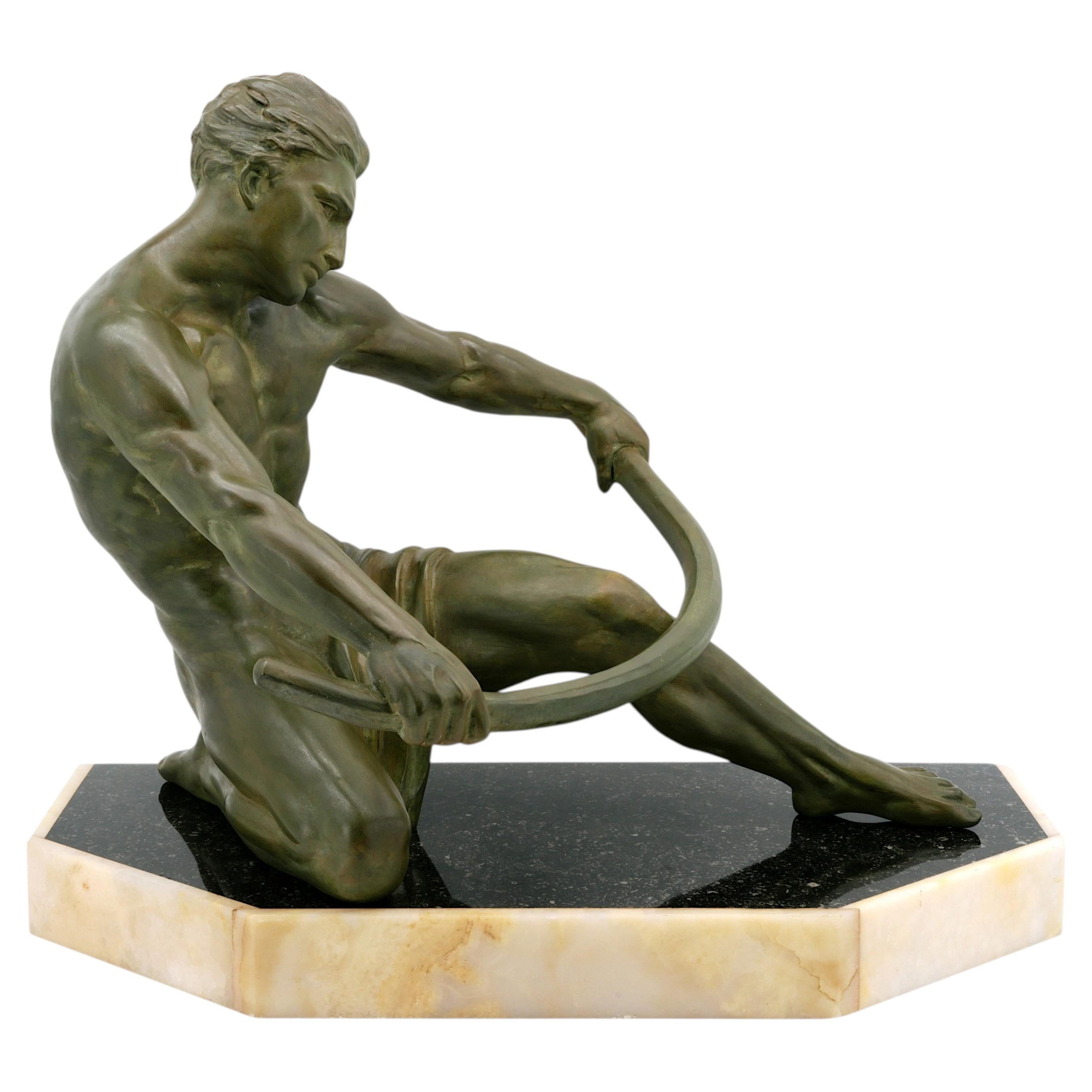 Campbell French Art Deco Man Sculpture, Spelter & Onyx, Circa 1920" For Sale