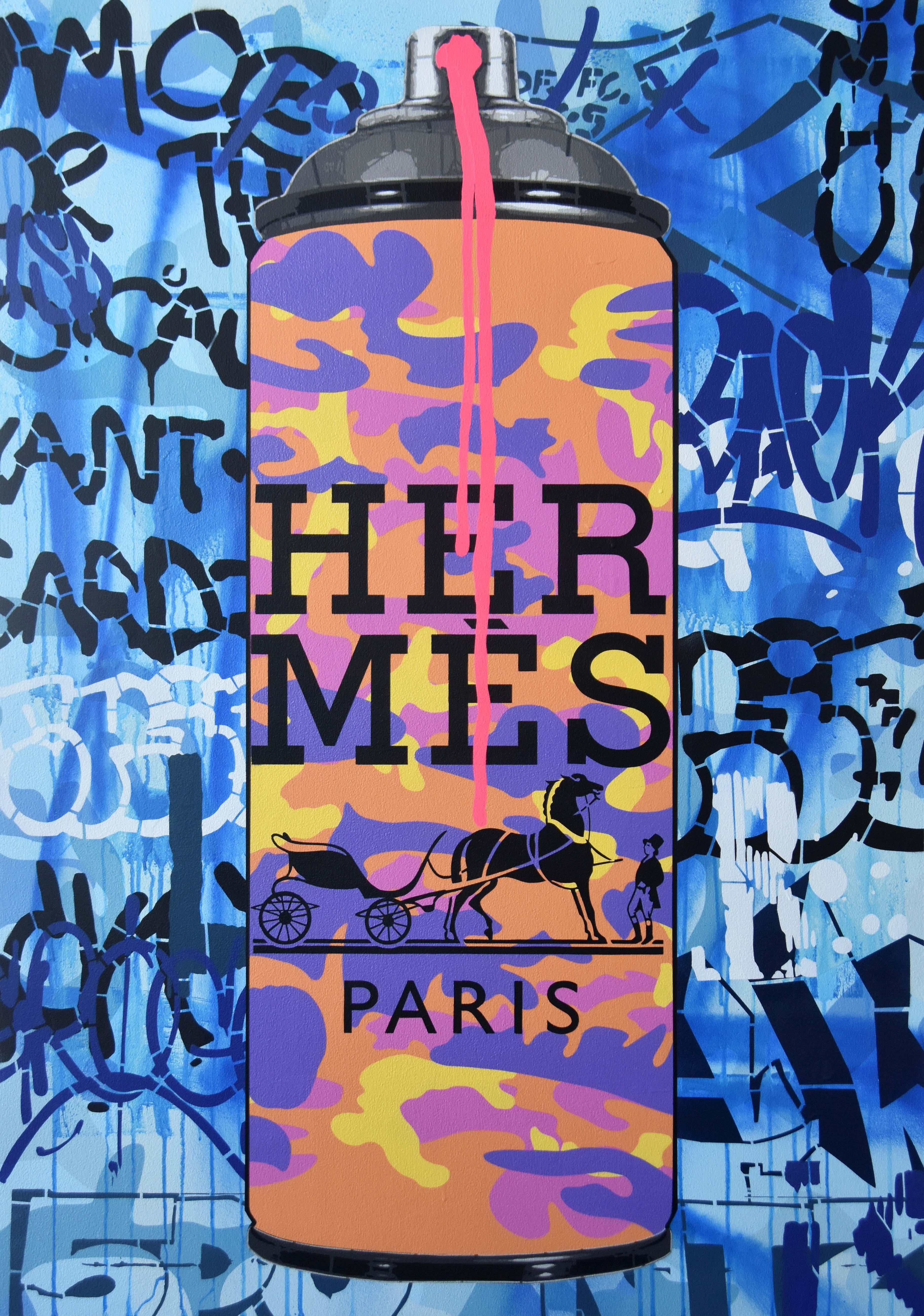 Hermes Bleu (Fluro Pink Drip) - Painting by Campbell la Pun