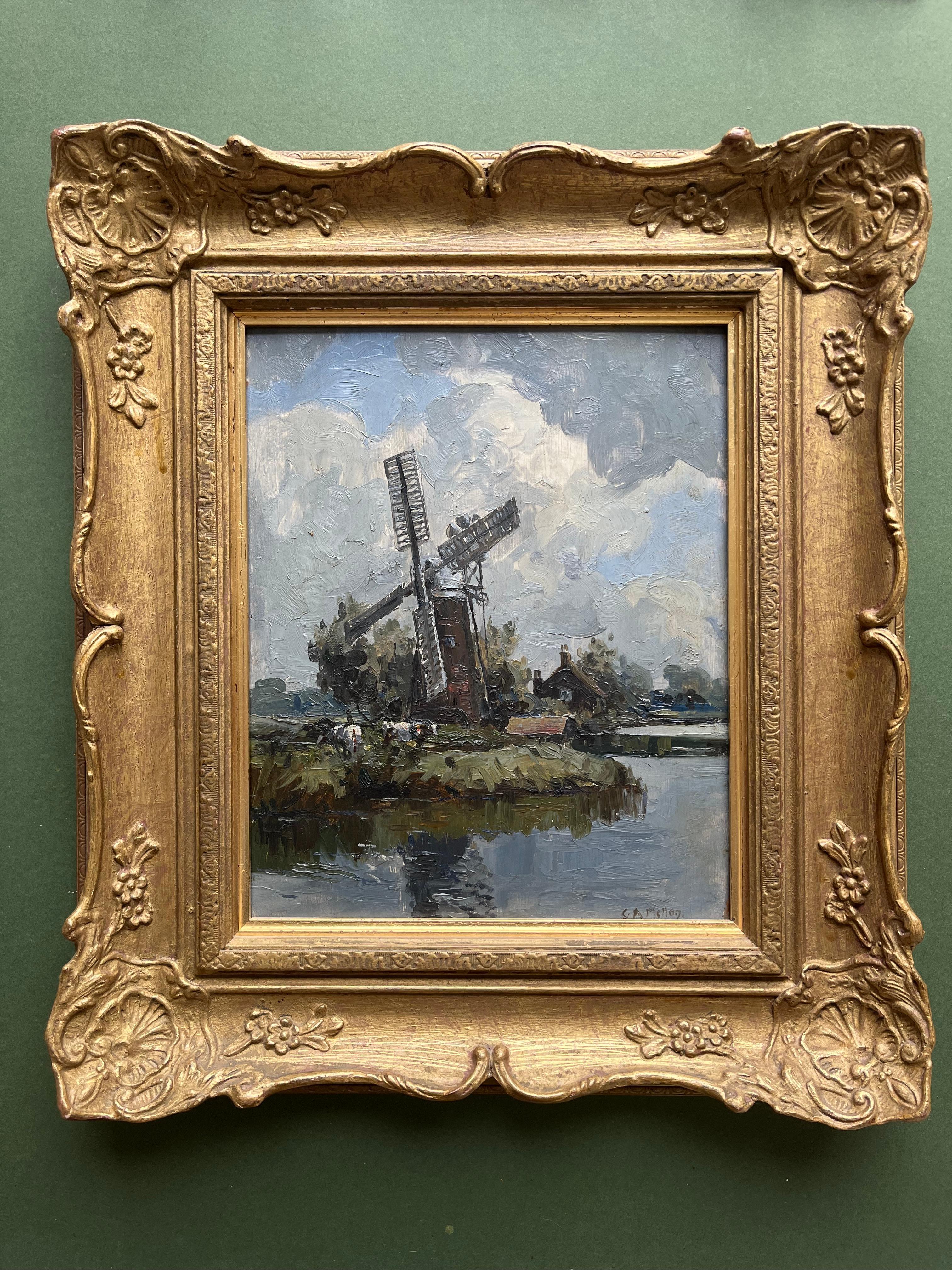 British impressionist en plein air scene of Windmill on the Norfolk Broads For Sale 5