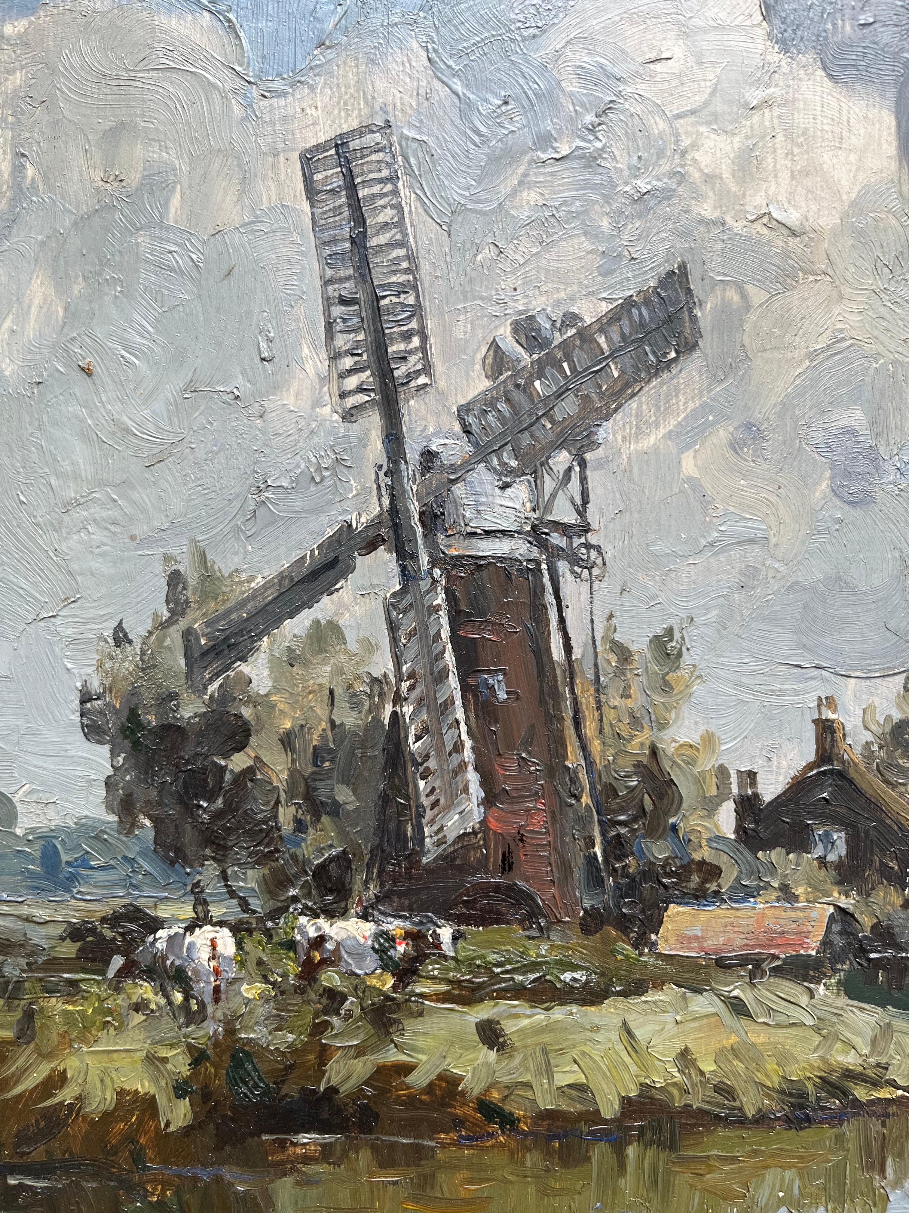 British impressionist en plein air scene of Windmill on the Norfolk Broads - Impressionist Painting by CAMPBELL MELLON