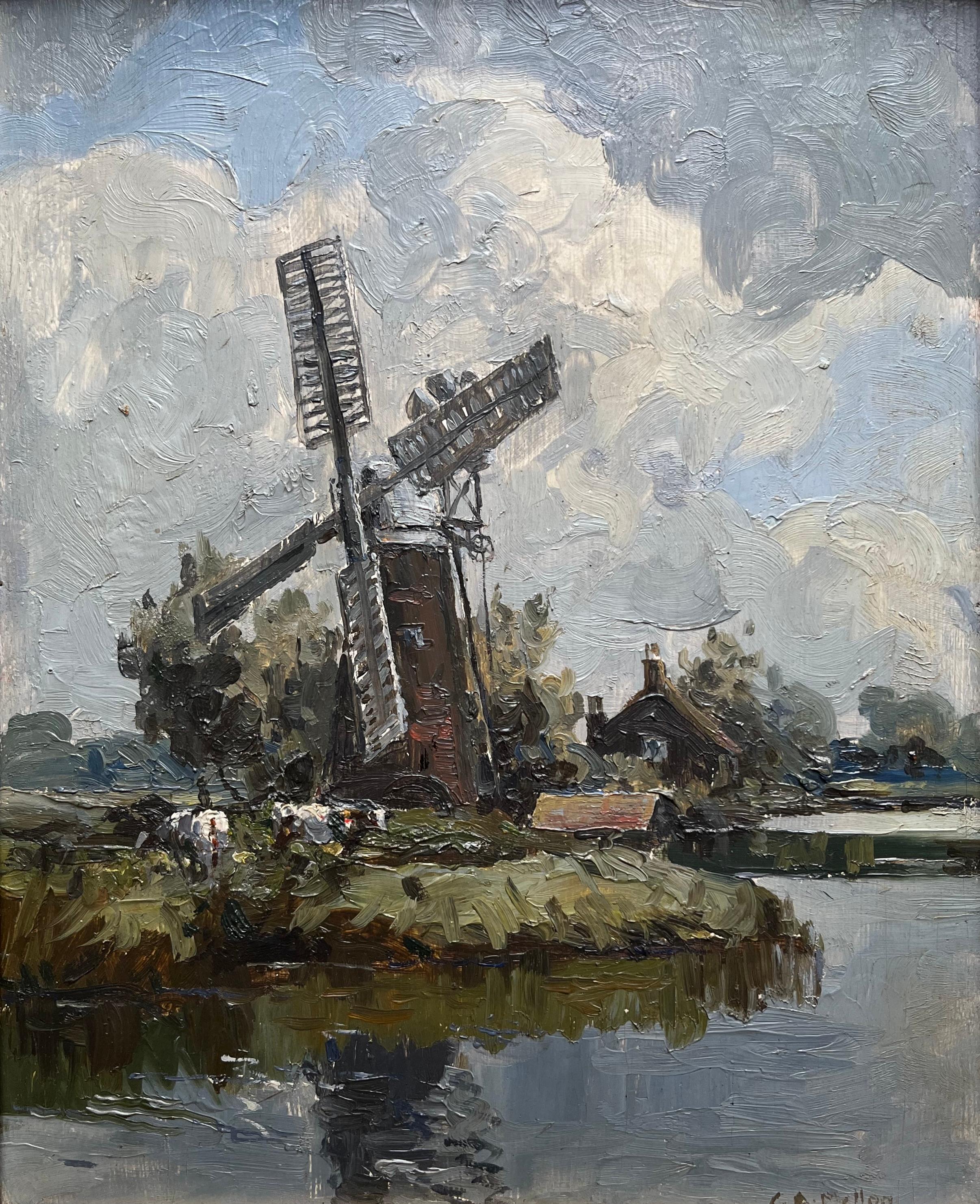 A very attractive impressionist scene of a windmill on the Norfolk Broads painted with wonderful bold brushworks giving the image a lovely impasto effect.

Campbell Archibald Mellon (1876-1955)
Hunsett Mill on the River Ant, Norfolk
Signed
Oil on