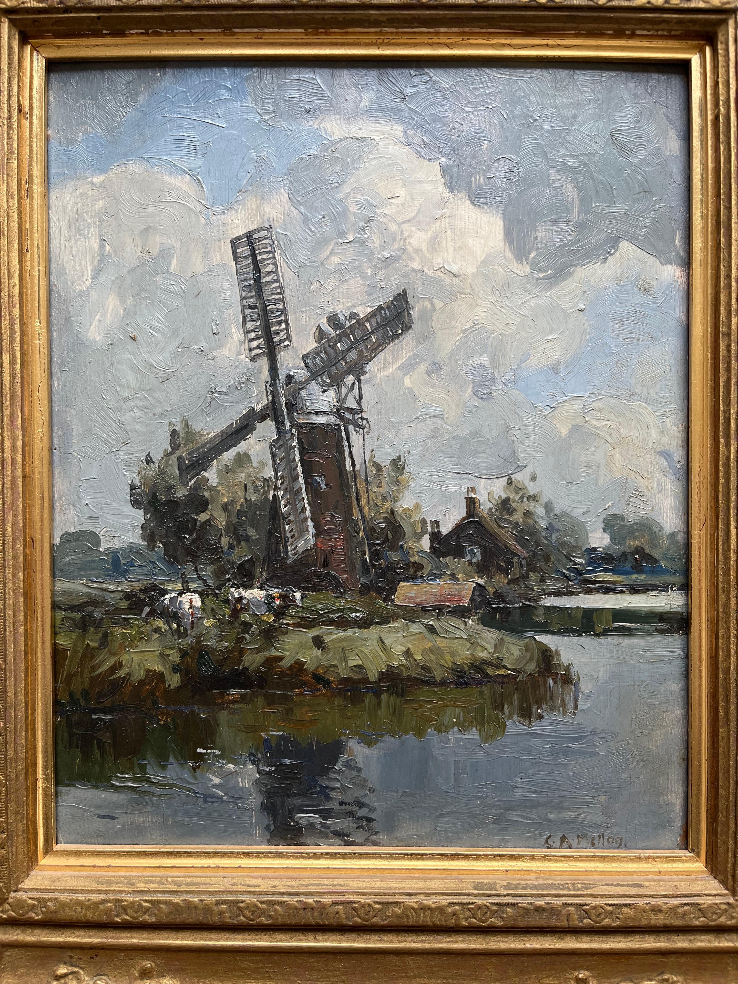 British impressionist en plein air scene of Windmill on the Norfolk Broads For Sale 1