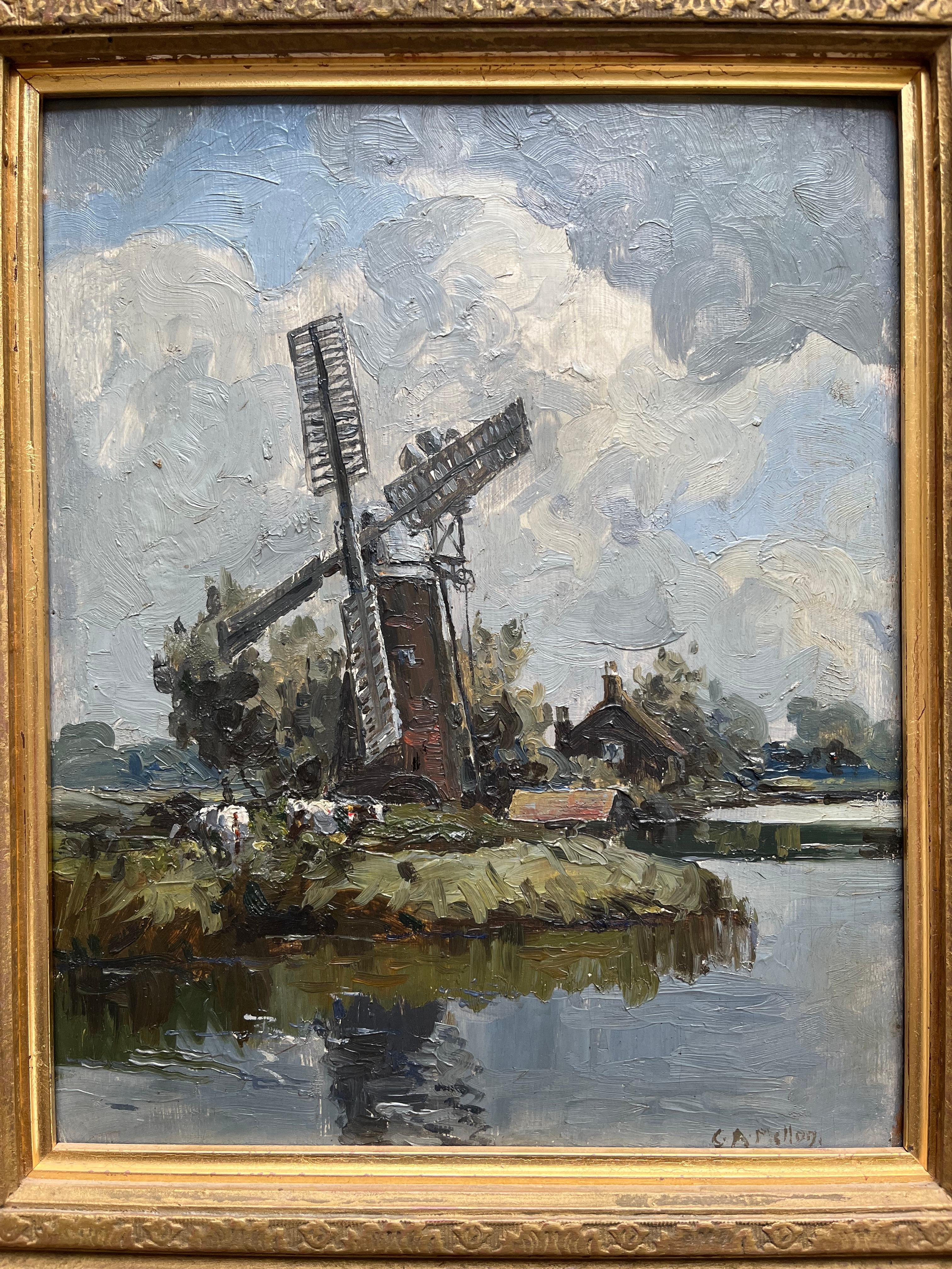 British impressionist en plein air scene of Windmill on the Norfolk Broads For Sale 3
