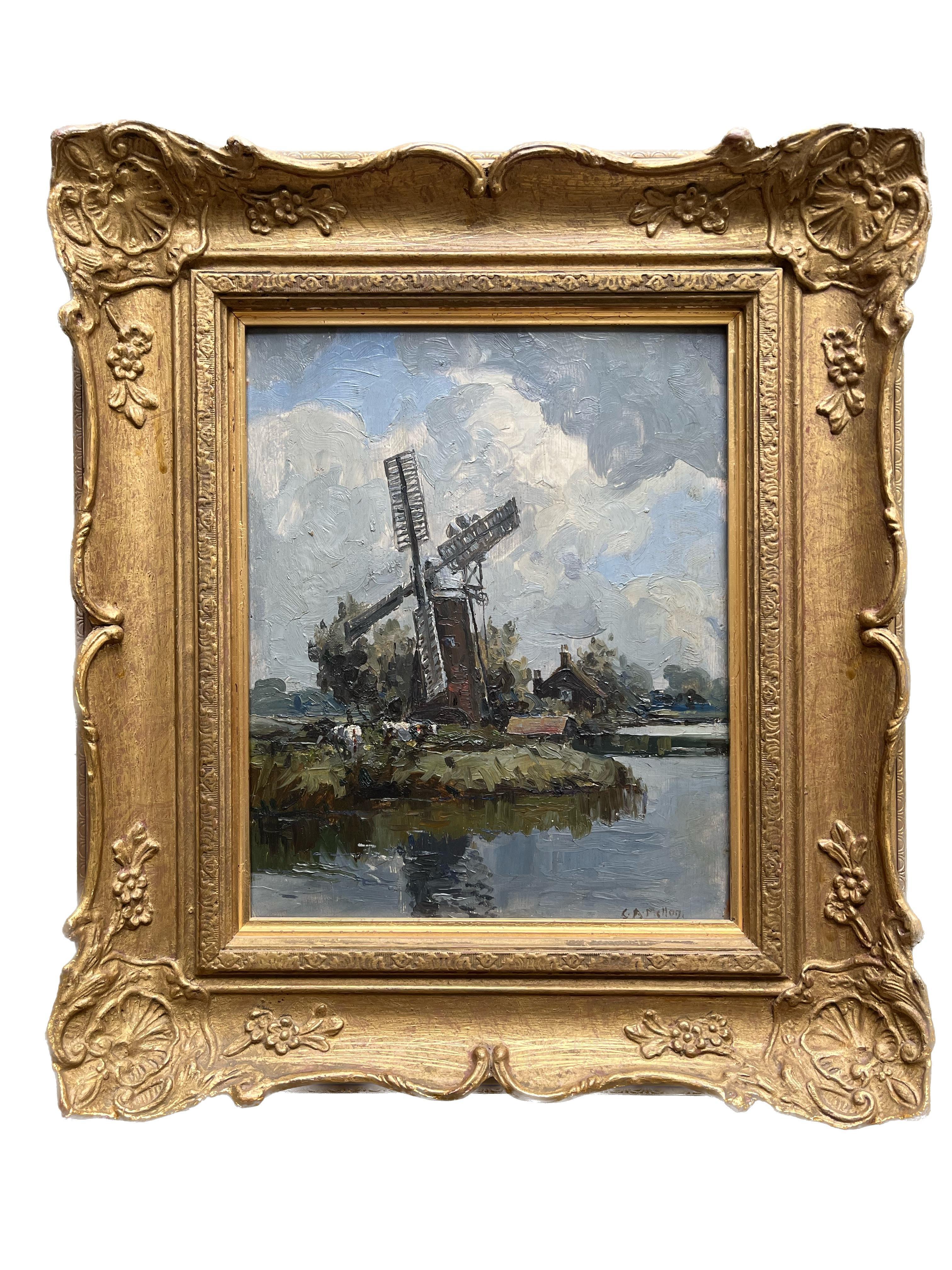 CAMPBELL MELLON Landscape Painting - British impressionist en plein air scene of Windmill on the Norfolk Broads