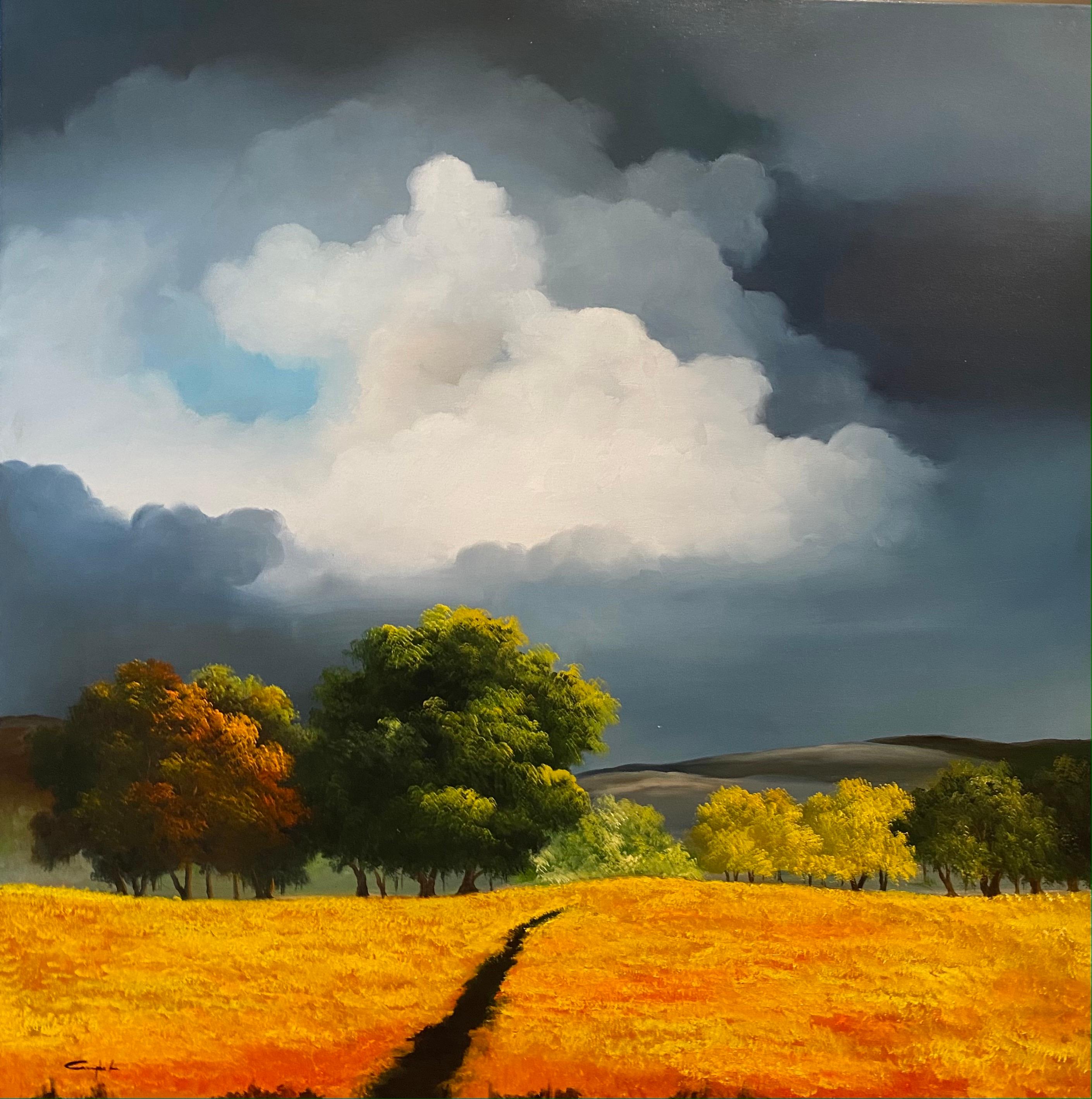 Campbell Landscape Painting - 'Blue Horizon' Contemporary Yellow Landscape painting of fields, trees and sky 