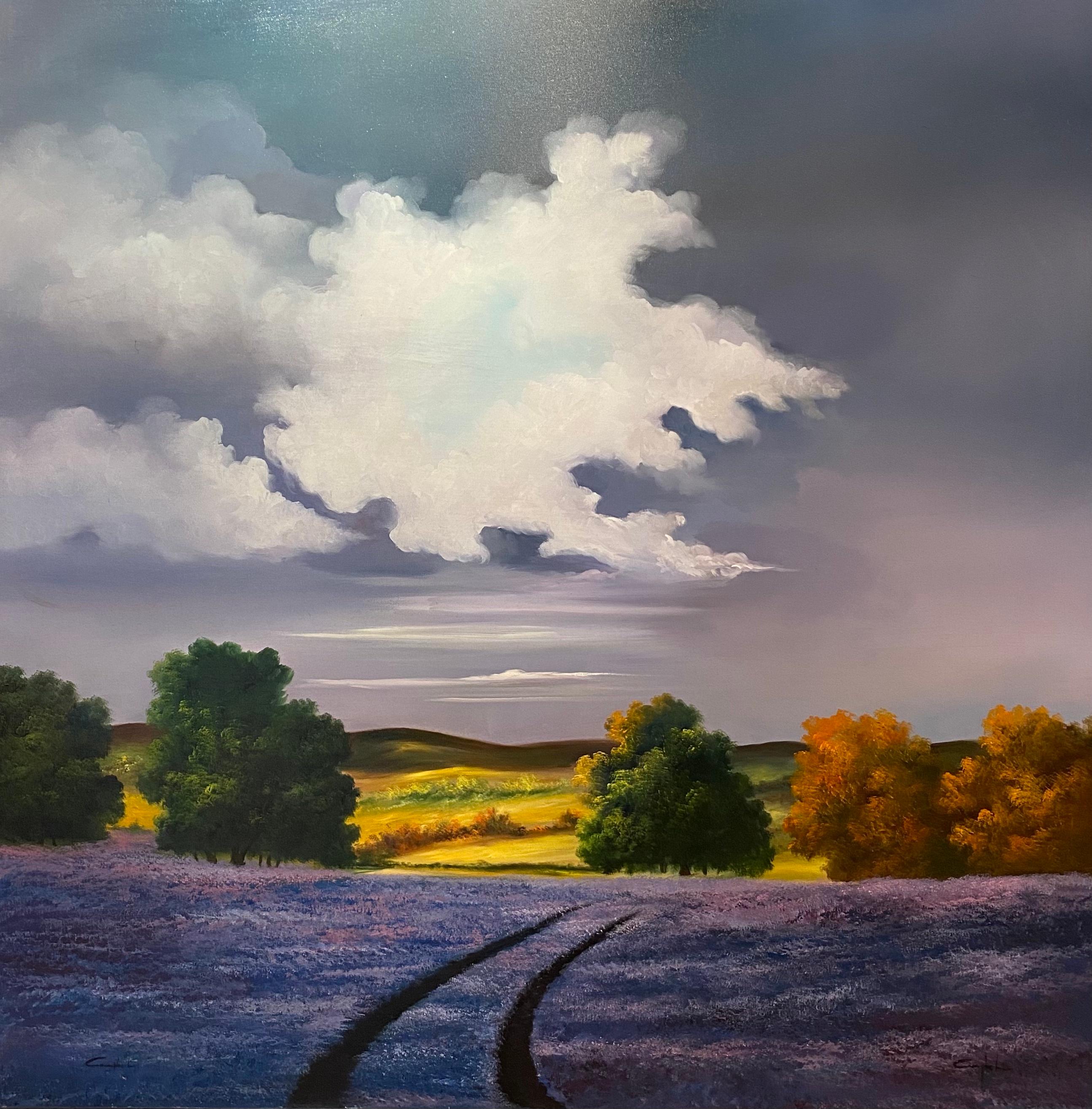 Campbell Landscape Painting - 'Lavender Fields' Contemporary Bold Landscape painting of fields, trees and sky