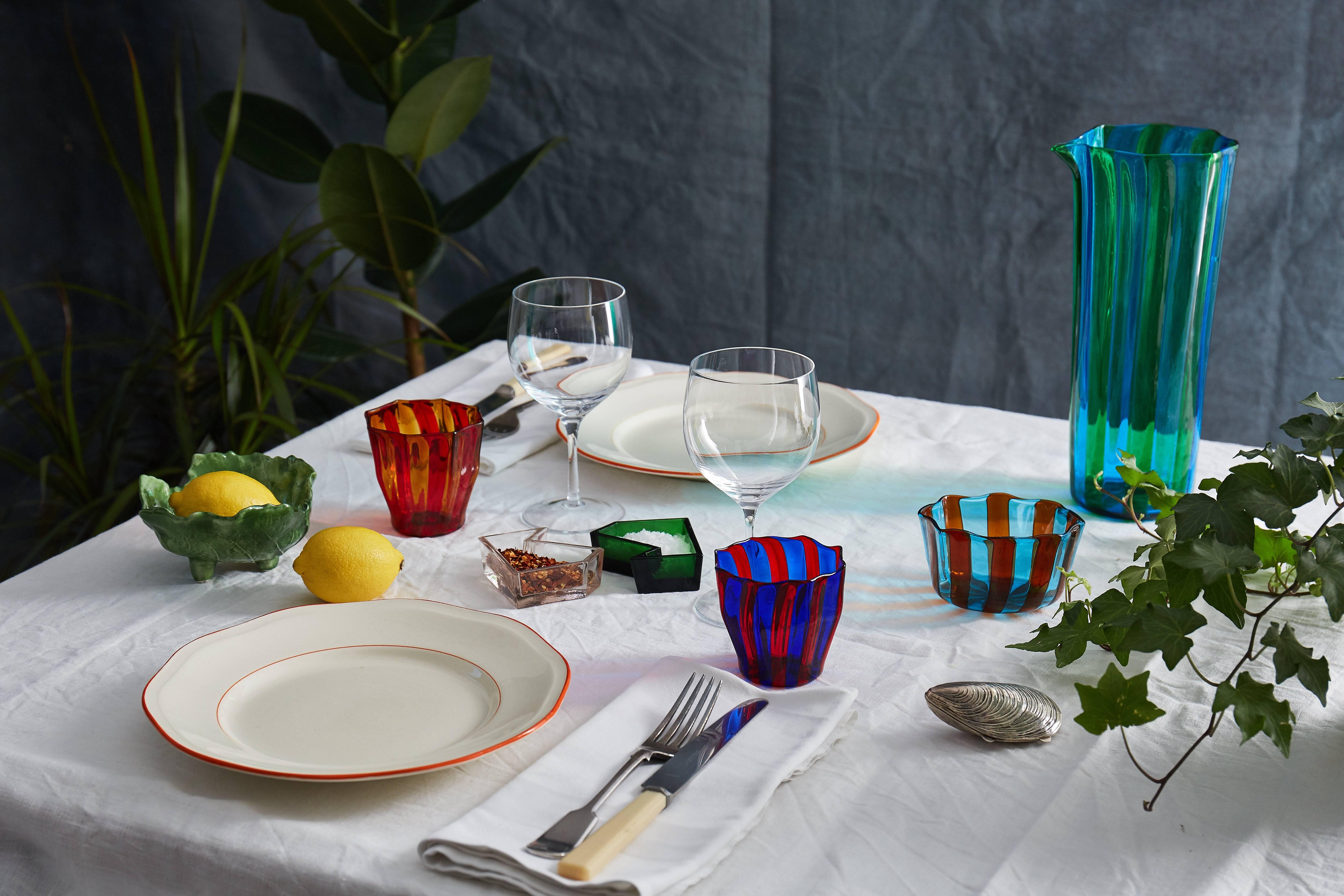 Campbell-Rey Octagonal Striped Tumbler in Green and Blue Murano Glass In New Condition For Sale In London, GB