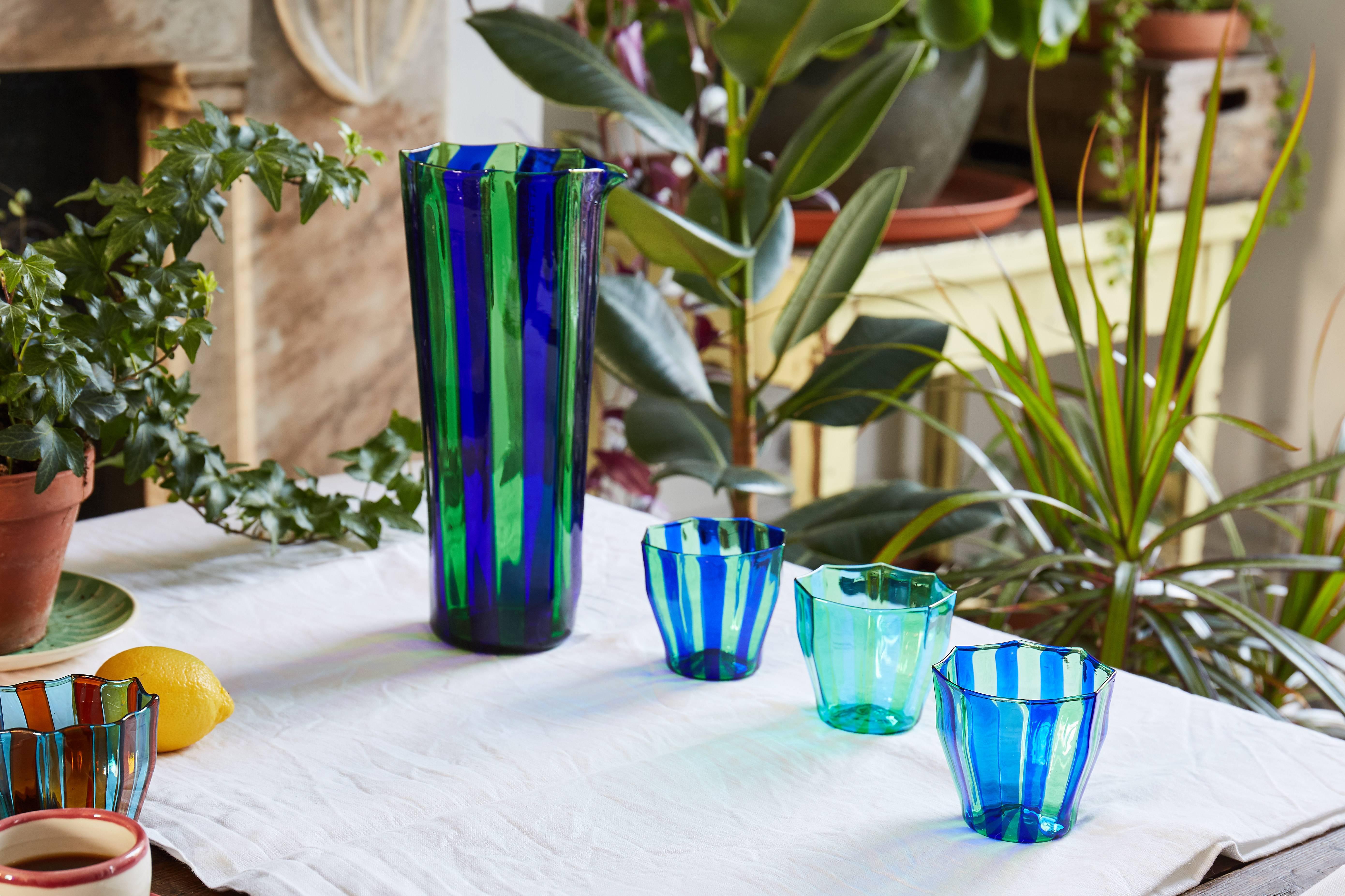 Campbell-Rey Octagonal Striped Tumbler in Green and Blue Murano Glass For Sale 2