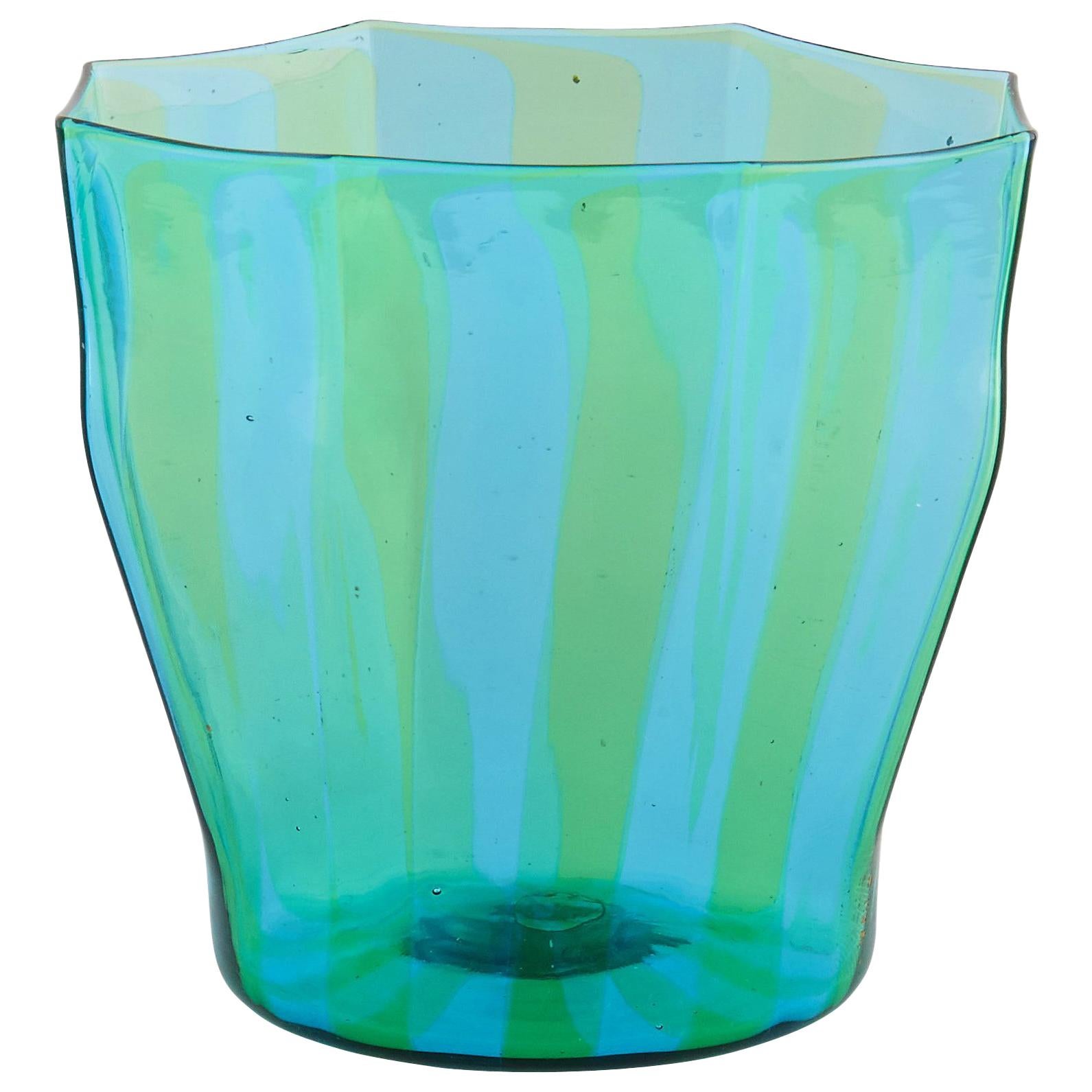 Campbell-Rey Octagonal Striped Tumbler in Green and Turquoise Murano Glass