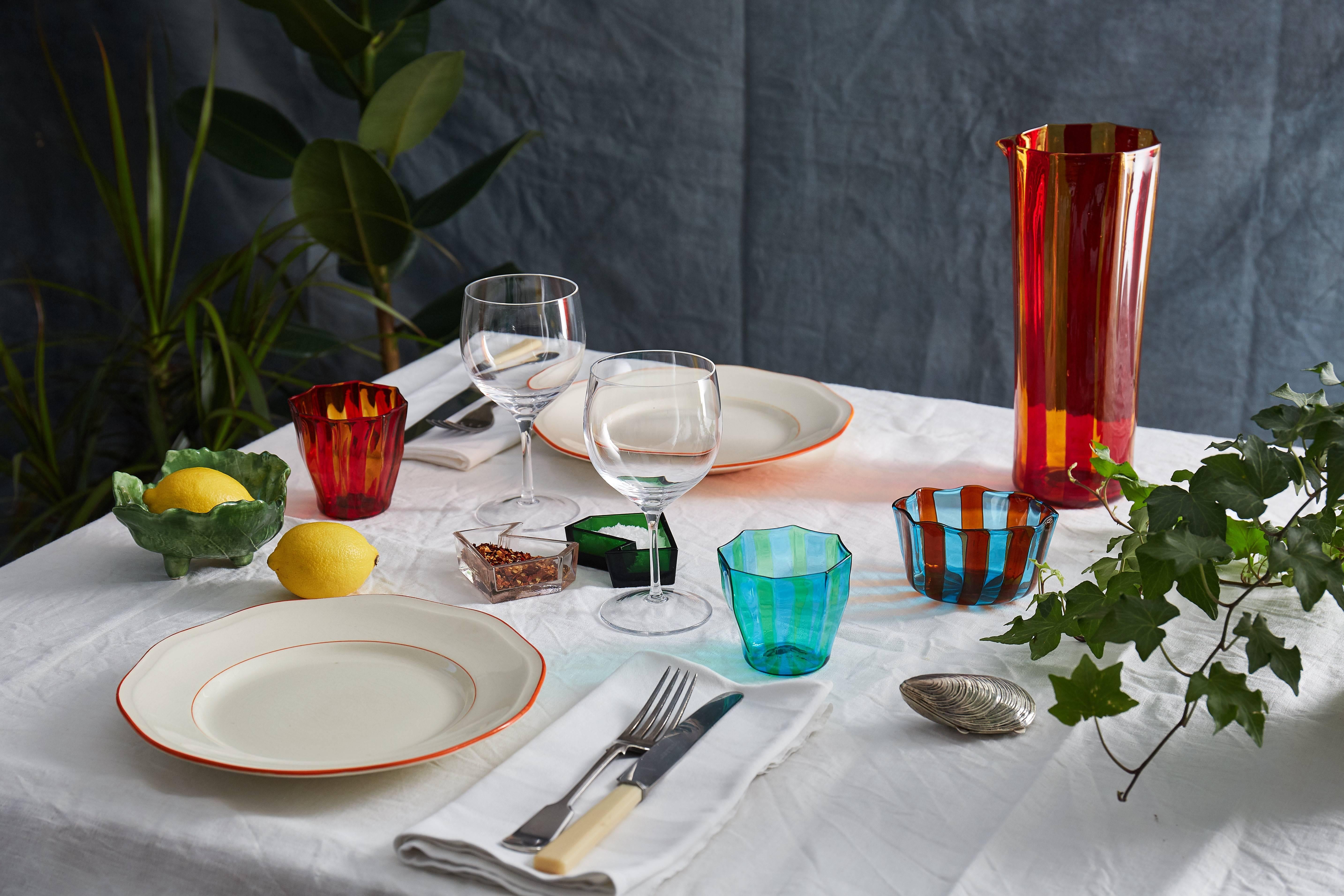 Faceted Campbell-Rey Octagonal Striped Tumbler in Red and Amber Murano Glass