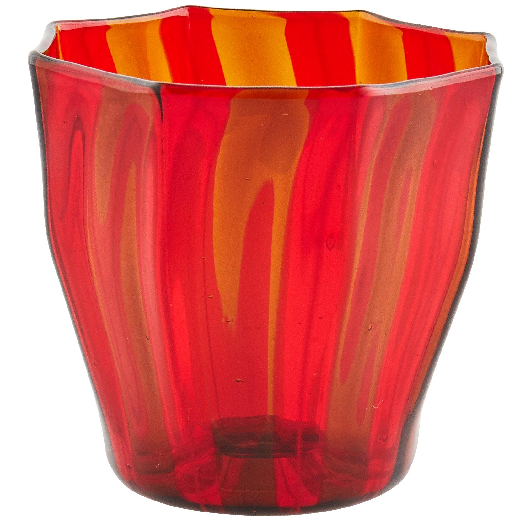 Campbell-Rey Octagonal Striped Tumbler in Red and Amber Murano Glass