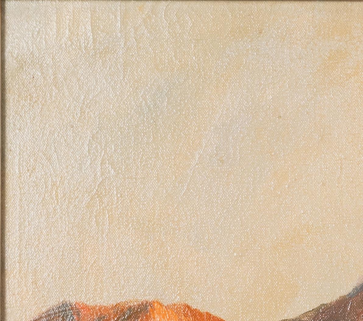 This painting by Campbell Scott portrays an expansive landscape scene of a lake and mountains with muted sunlight casting a golden hue on the water and salmon pink on the mountains. The painting is encased in an exquisite silver-gilt wooden hand