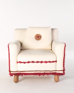 Sillón Campbell de Vik Muniz - Detalle de lana roja, madera FSC, forma lúdica